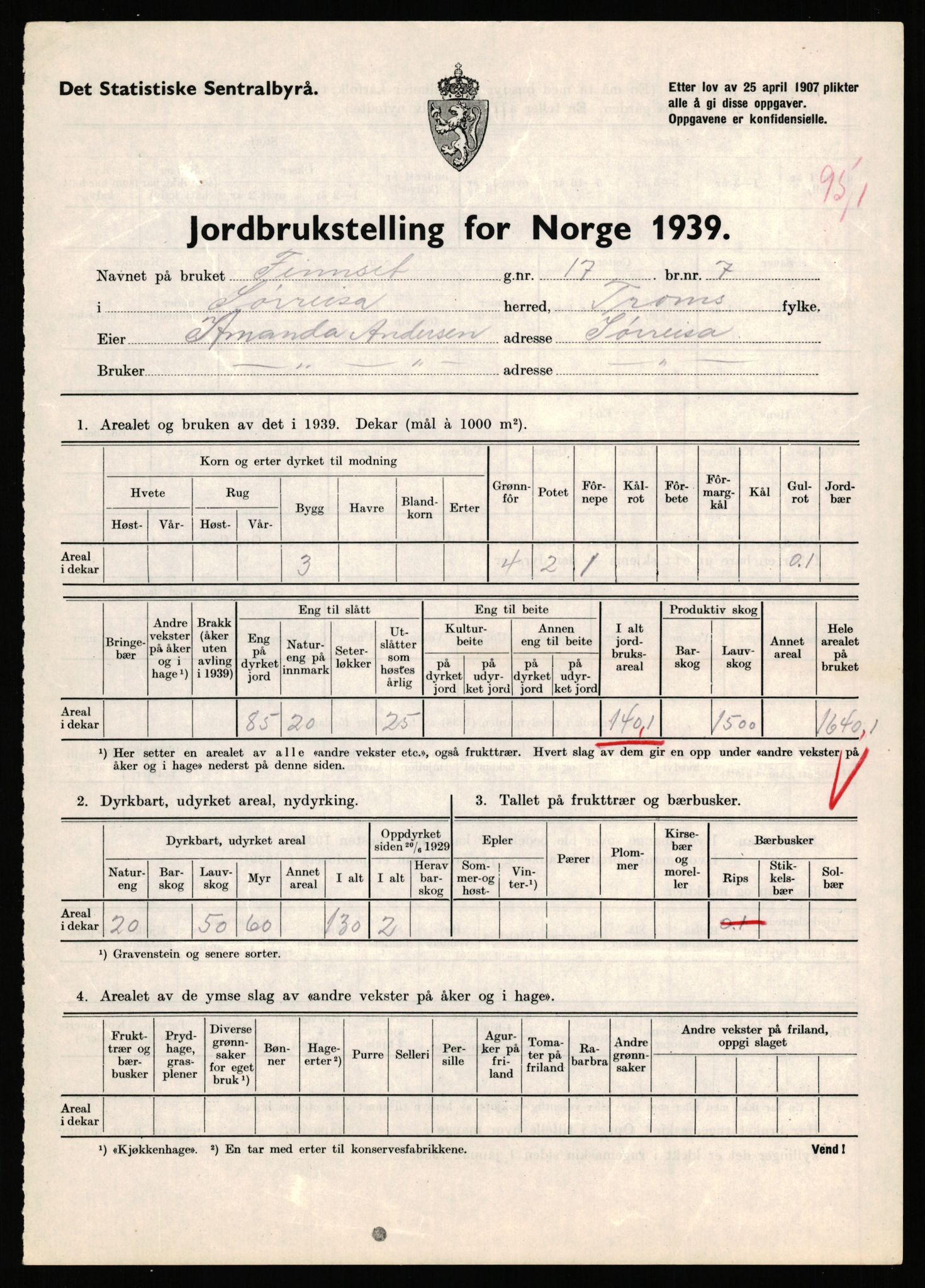 Statistisk sentralbyrå, Næringsøkonomiske emner, Jordbruk, skogbruk, jakt, fiske og fangst, AV/RA-S-2234/G/Gb/L0341: Troms: Sørreisa og Tranøy, 1939, p. 842