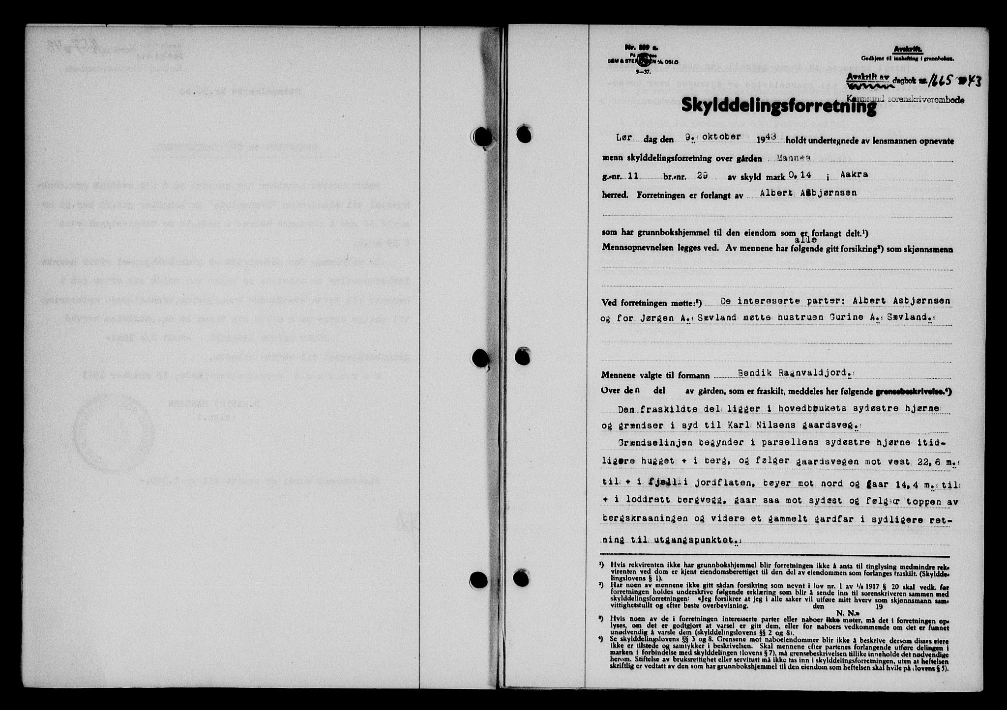 Karmsund sorenskriveri, SAST/A-100311/01/II/IIB/L0080: Mortgage book no. 61A, 1943-1943, Diary no: : 1665/1943