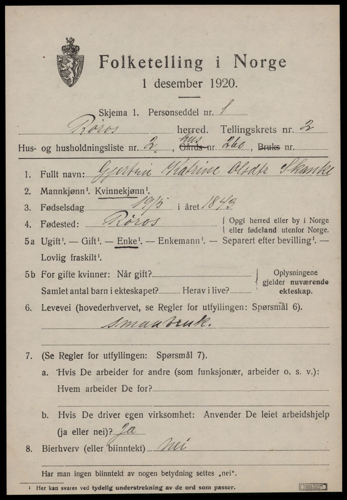 SAT, 1920 census for Røros, 1920, p. 2756