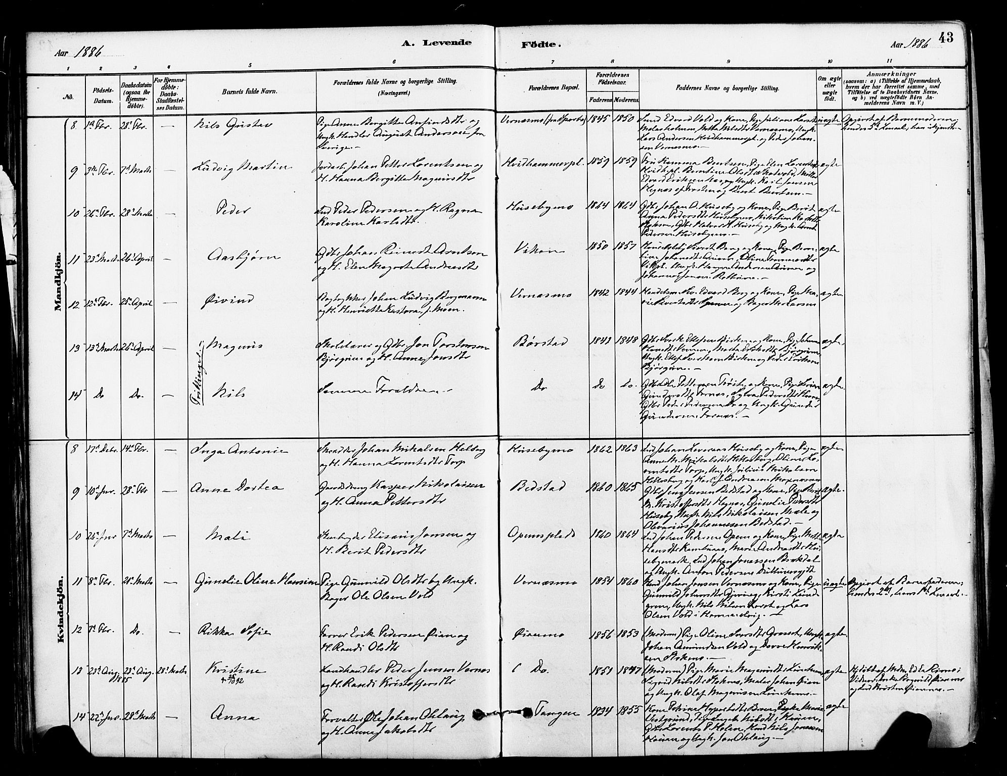 Ministerialprotokoller, klokkerbøker og fødselsregistre - Nord-Trøndelag, SAT/A-1458/709/L0077: Parish register (official) no. 709A17, 1880-1895, p. 43