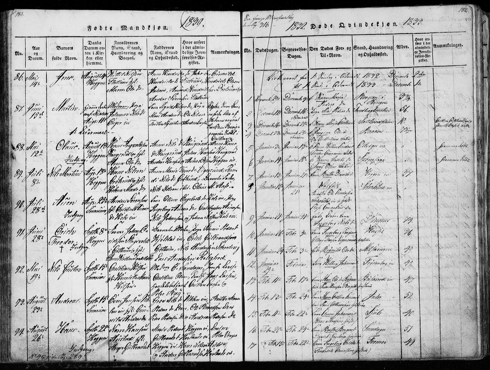 Modum kirkebøker, AV/SAKO-A-234/G/Ga/L0003: Parish register (copy) no. I 3, 1832-1842, p. 181-182