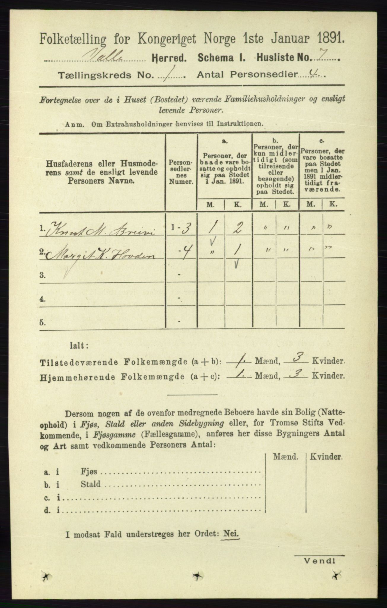 RA, 1891 census for 0940 Valle, 1891, p. 31