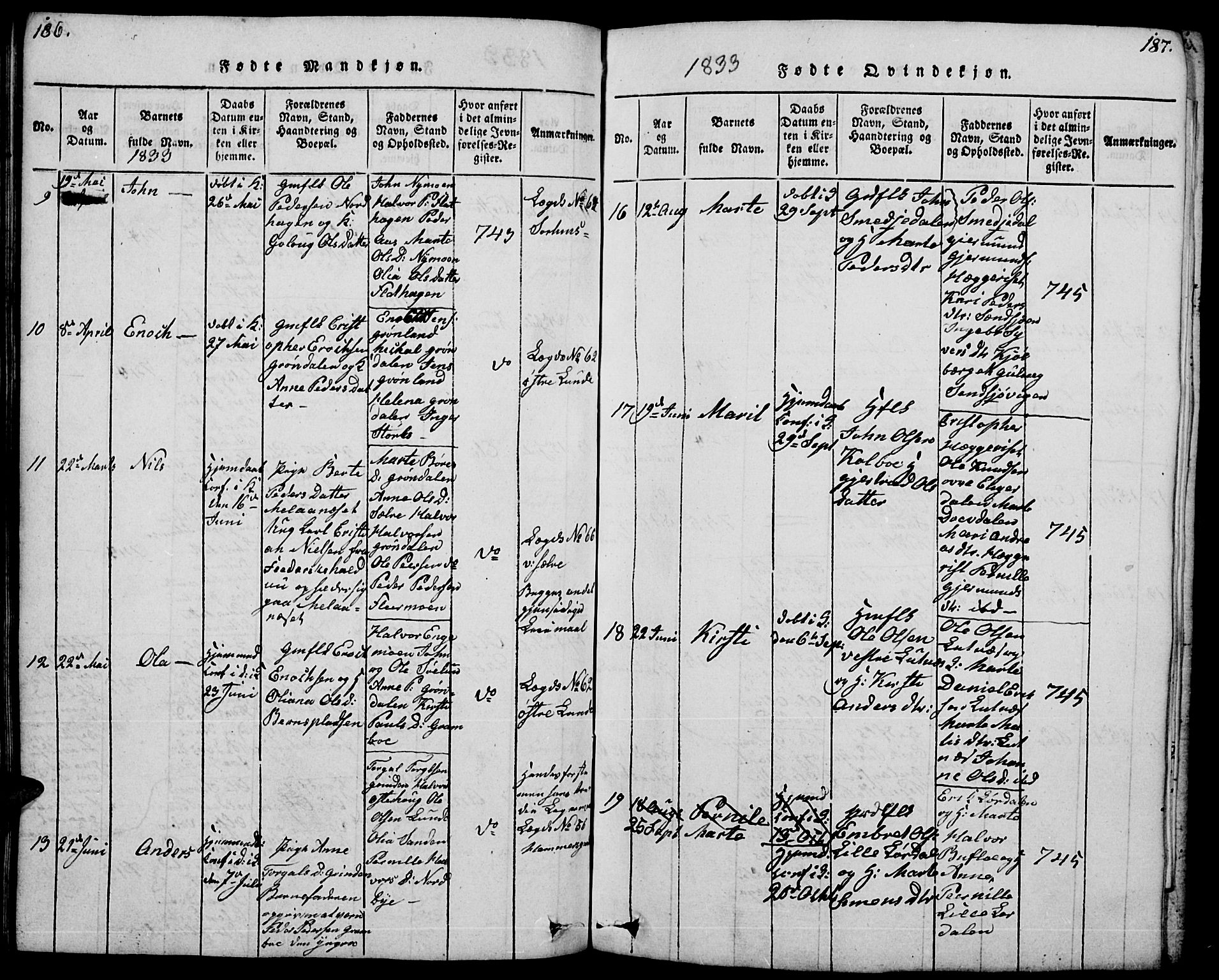 Trysil prestekontor, AV/SAH-PREST-046/H/Ha/Hab/L0004: Parish register (copy) no. 4, 1814-1841, p. 186-187