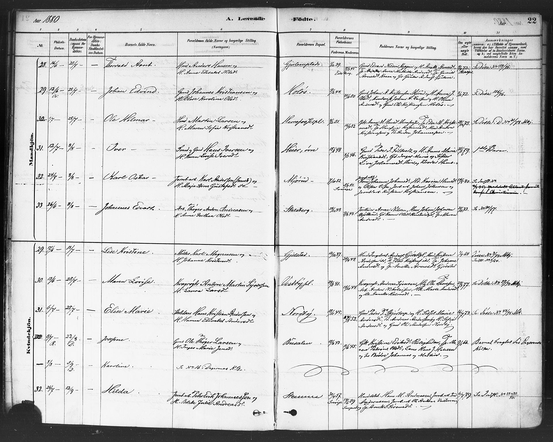 Rakkestad prestekontor Kirkebøker, SAO/A-2008/F/Fa/L0012: Parish register (official) no. I 12, 1878-1893, p. 22