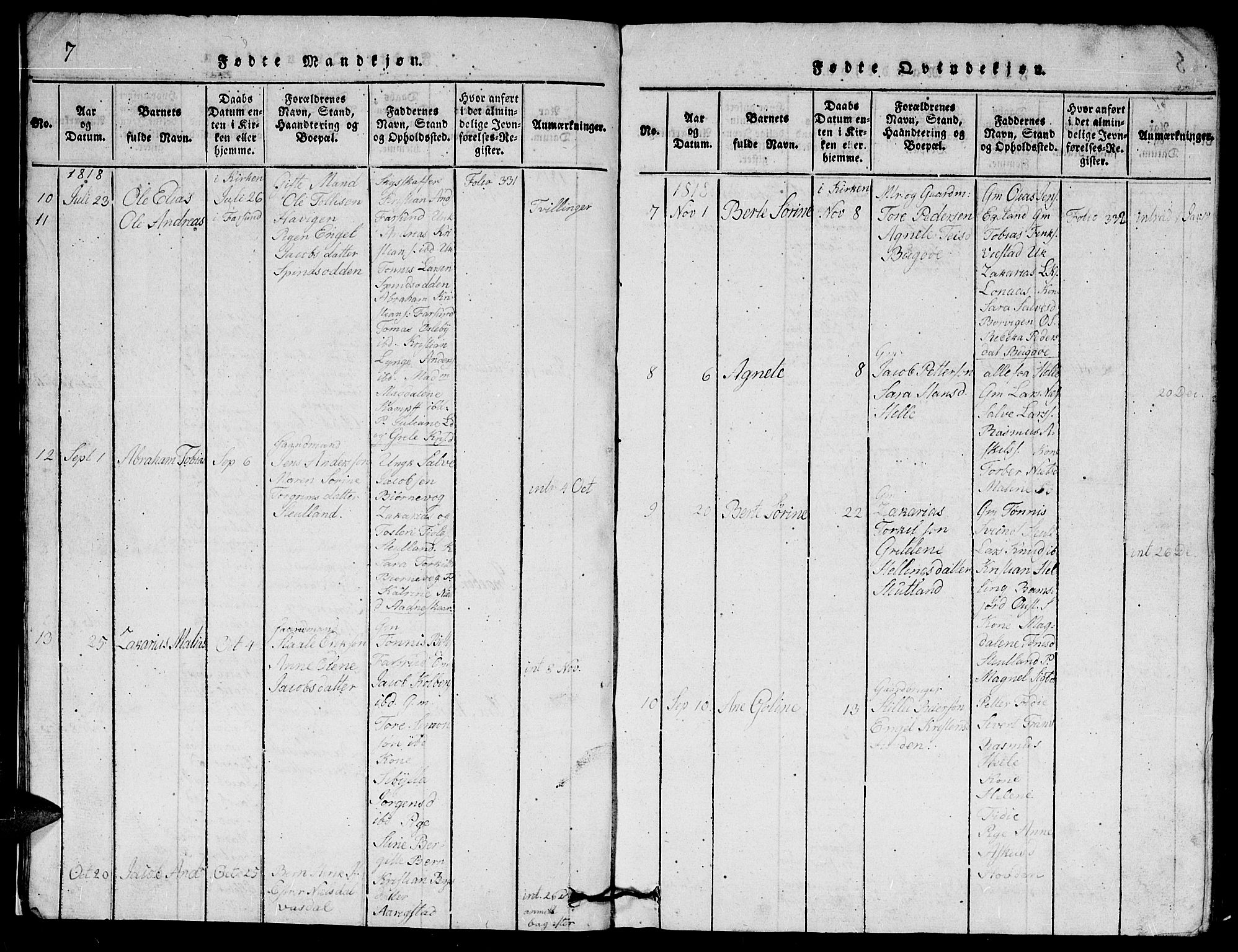 Herad sokneprestkontor, SAK/1111-0018/F/Fb/Fbb/L0001: Parish register (copy) no. B 1, 1815-1852, p. 7