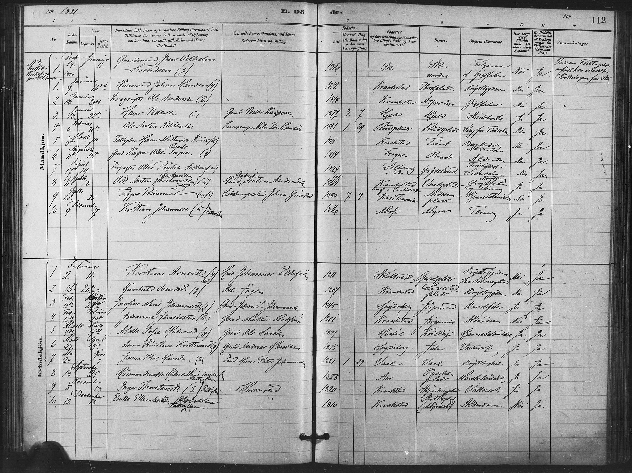 Kråkstad prestekontor Kirkebøker, AV/SAO-A-10125a/F/Fa/L0009: Parish register (official) no. I 9, 1880-1892, p. 112