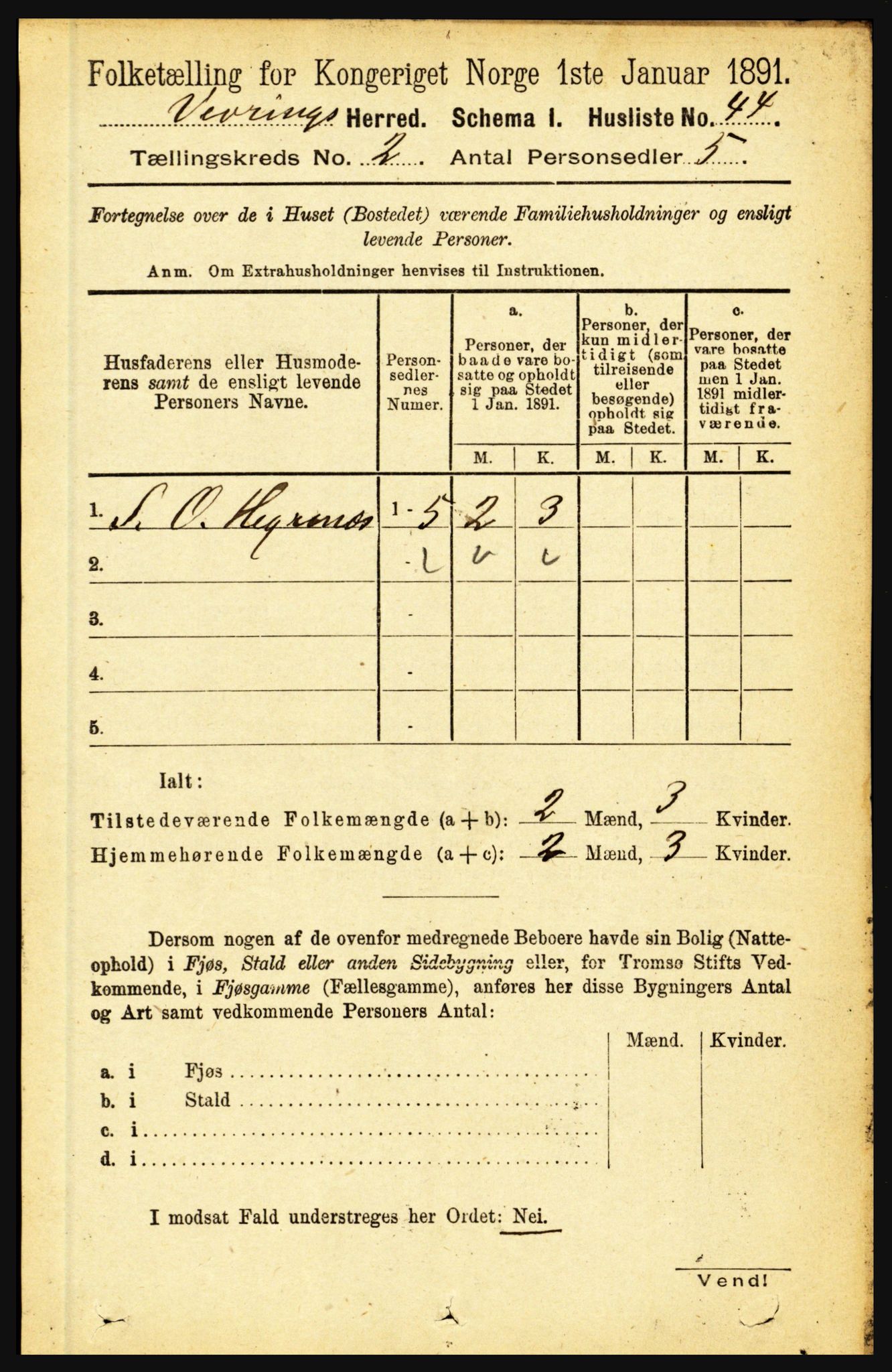 RA, 1891 census for 1434 Vevring, 1891, p. 414