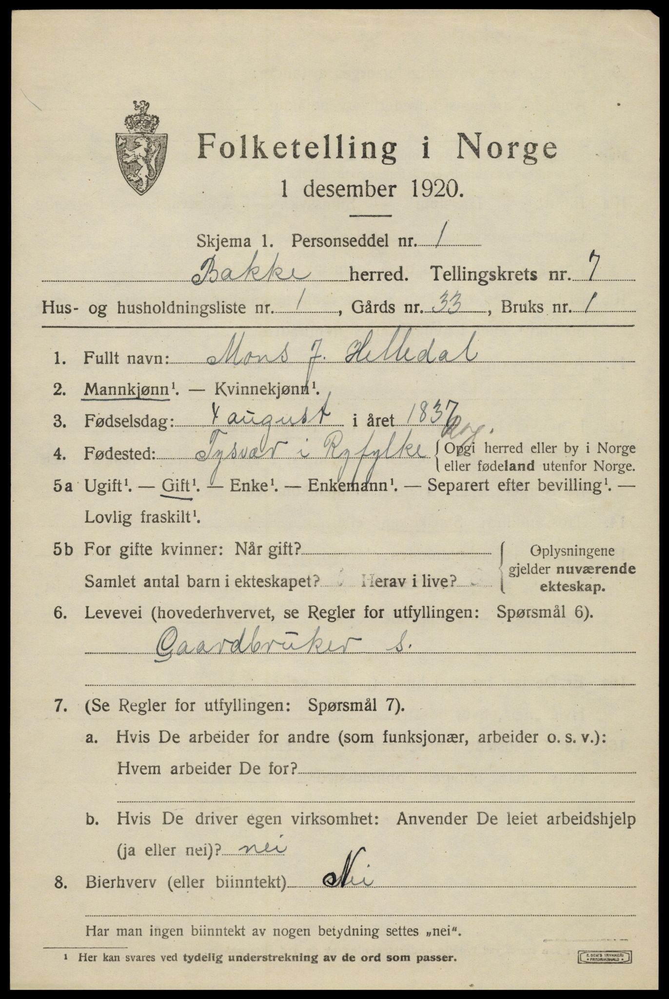 SAK, 1920 census for Bakke, 1920, p. 2222