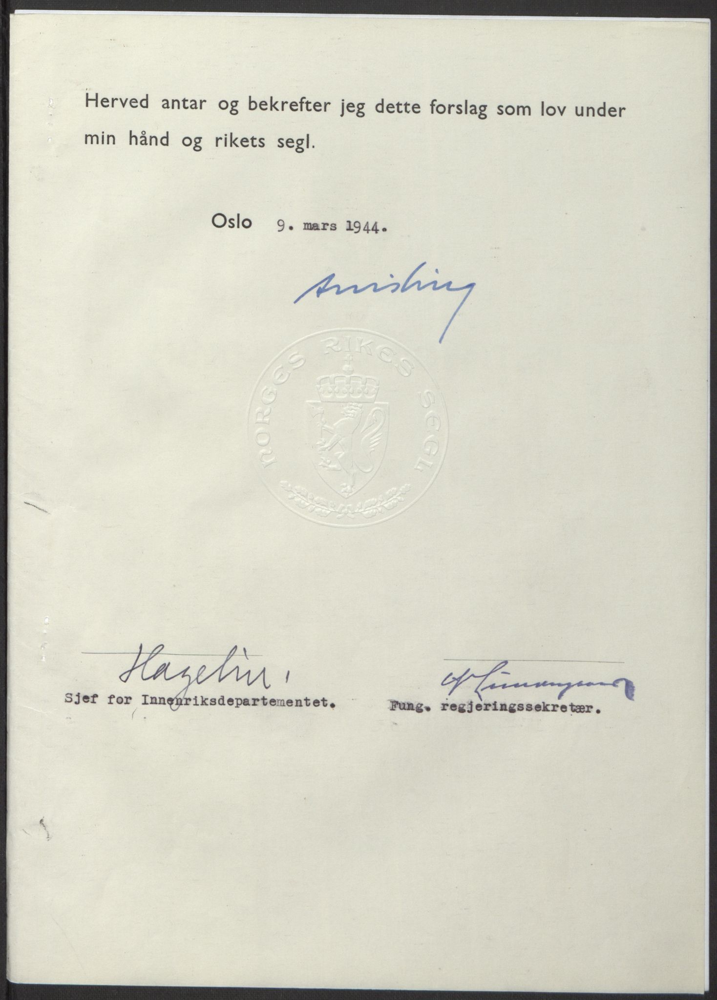 NS-administrasjonen 1940-1945 (Statsrådsekretariatet, de kommisariske statsråder mm), RA/S-4279/D/Db/L0100: Lover, 1944, p. 116