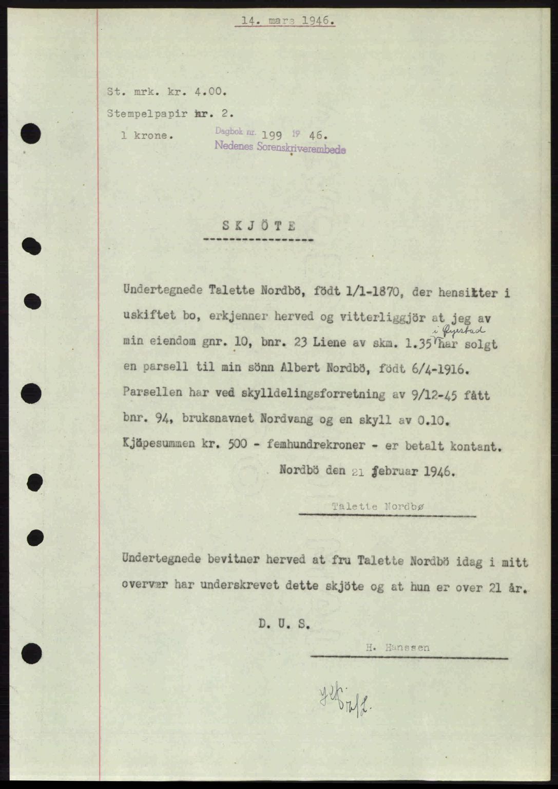 Nedenes sorenskriveri, SAK/1221-0006/G/Gb/Gba/L0054: Mortgage book no. A6c, 1946-1946, Diary no: : 199/1946