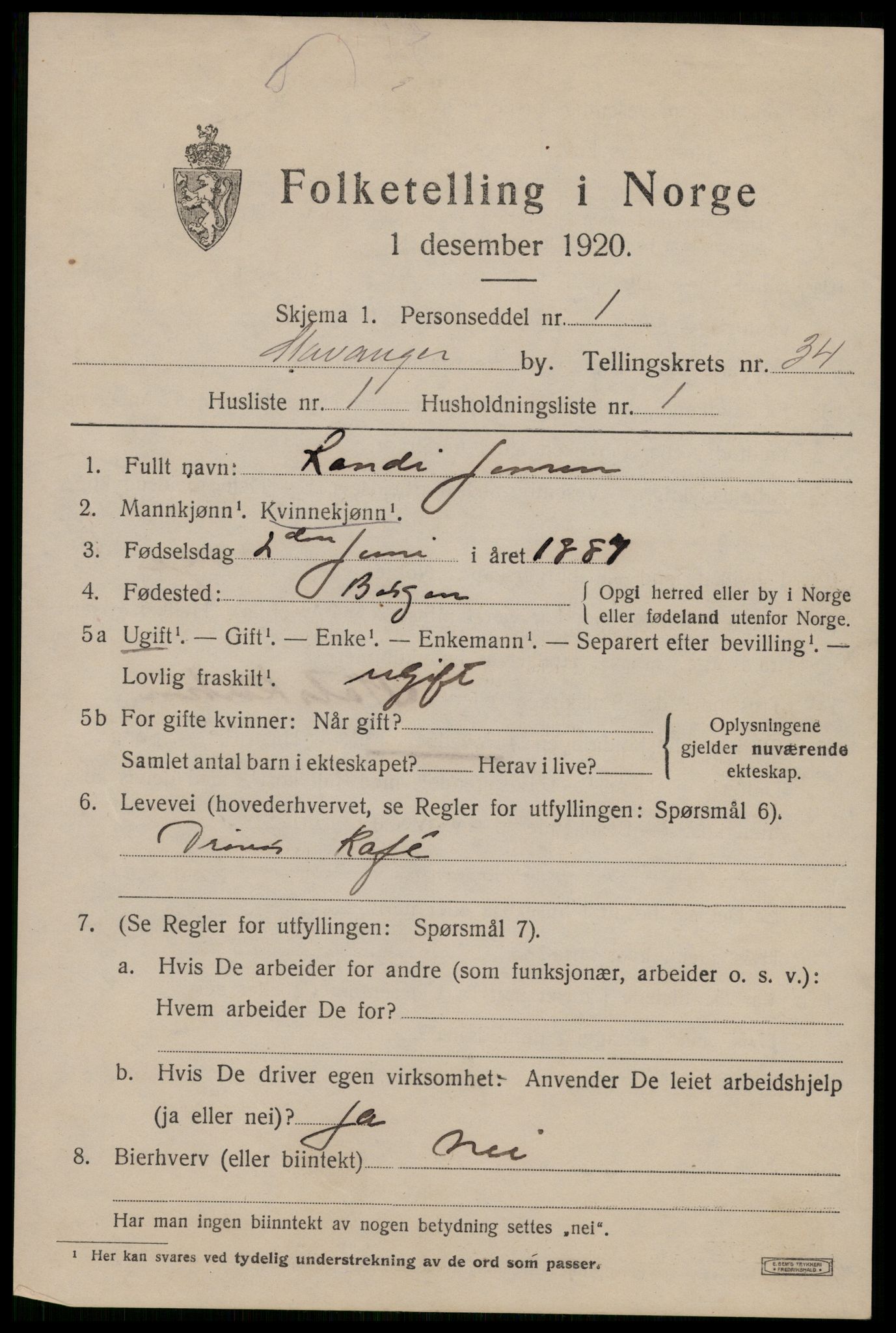 SAST, 1920 census for Stavanger, 1920, p. 92454