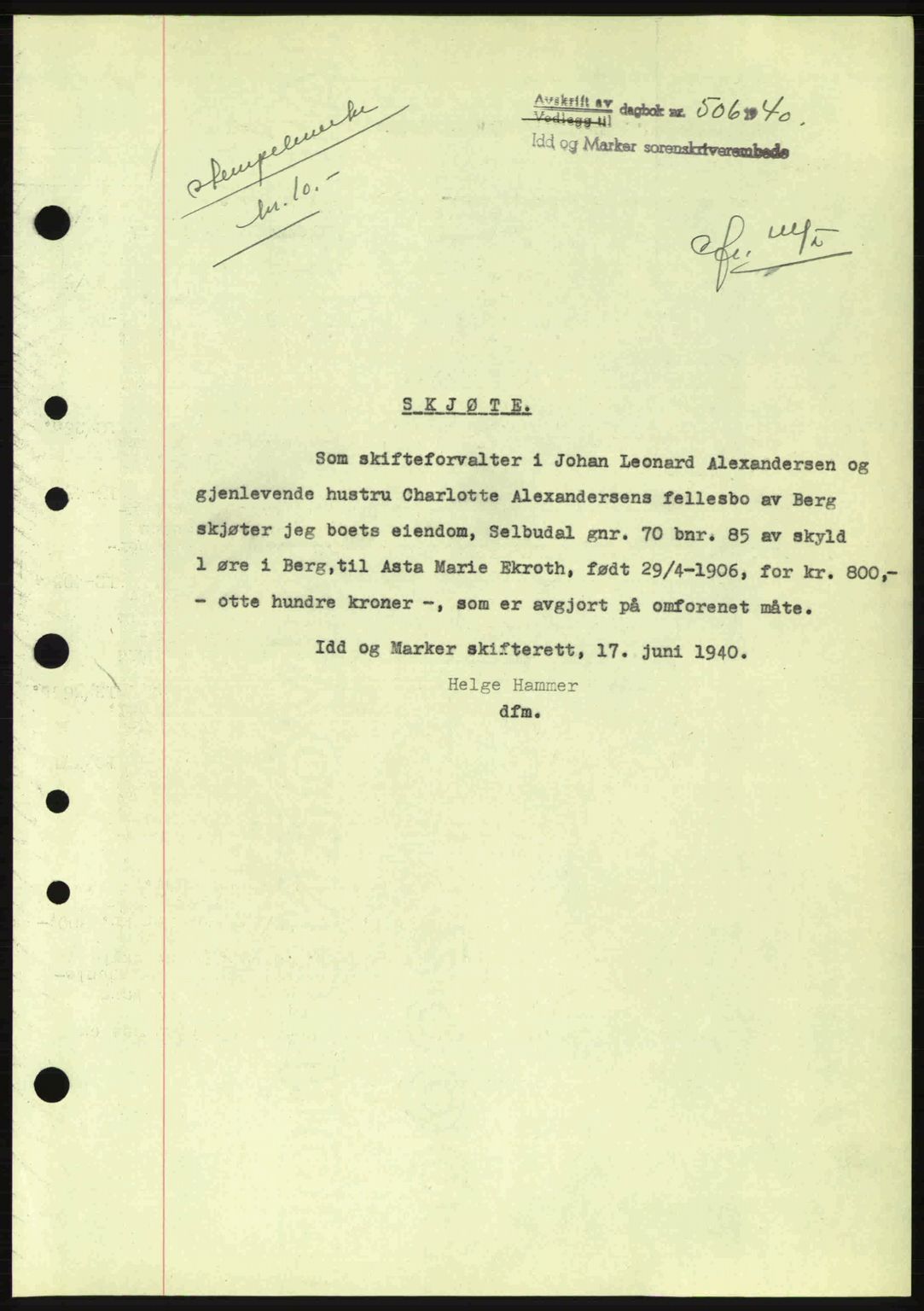 Idd og Marker sorenskriveri, AV/SAO-A-10283/G/Gb/Gbb/L0004: Mortgage book no. A4, 1940-1941, Diary no: : 506/1940