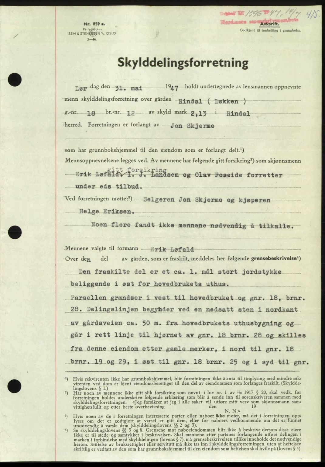 Nordmøre sorenskriveri, AV/SAT-A-4132/1/2/2Ca: Mortgage book no. A105, 1947-1947, Diary no: : 1596/1947