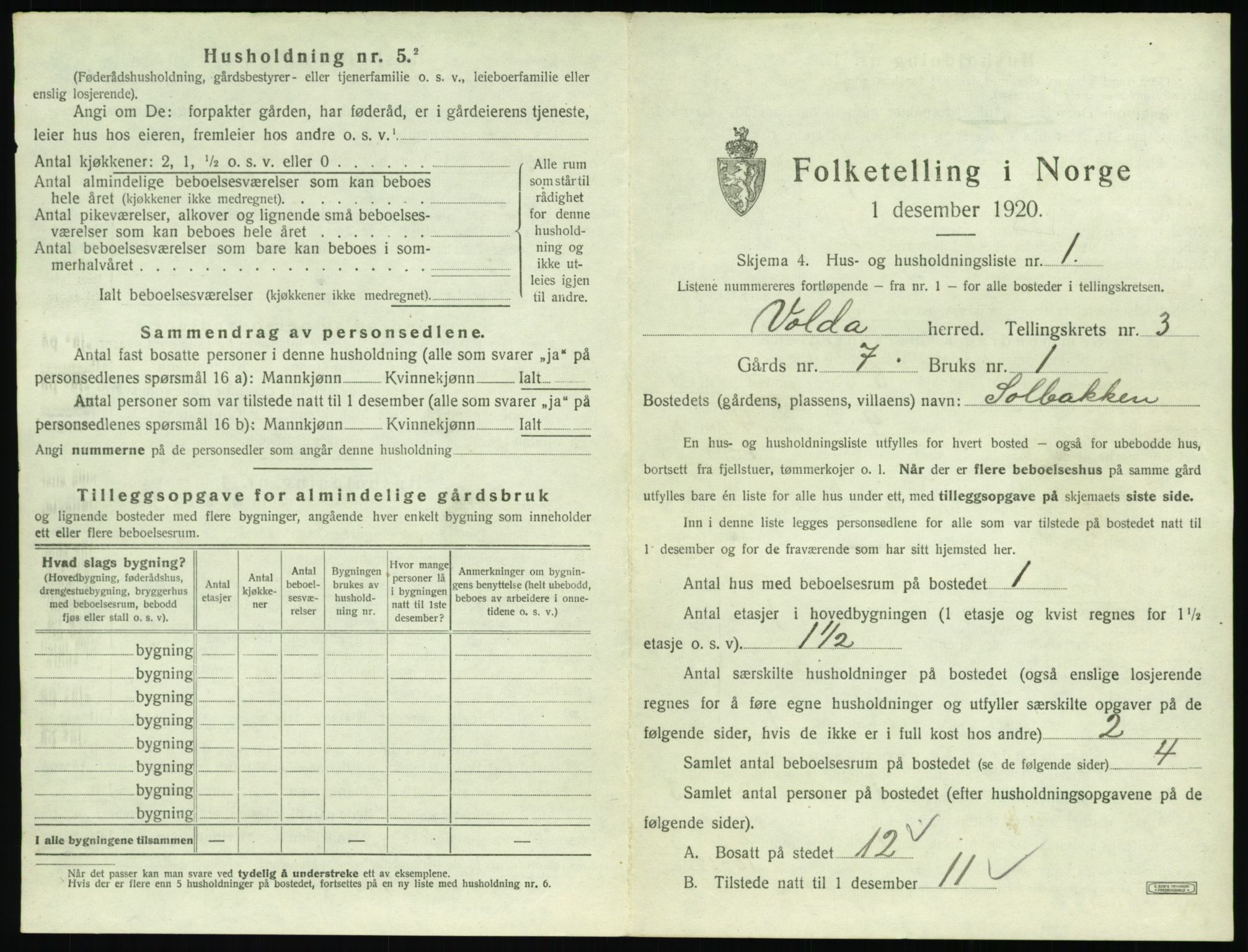 SAT, 1920 census for Volda, 1920, p. 172