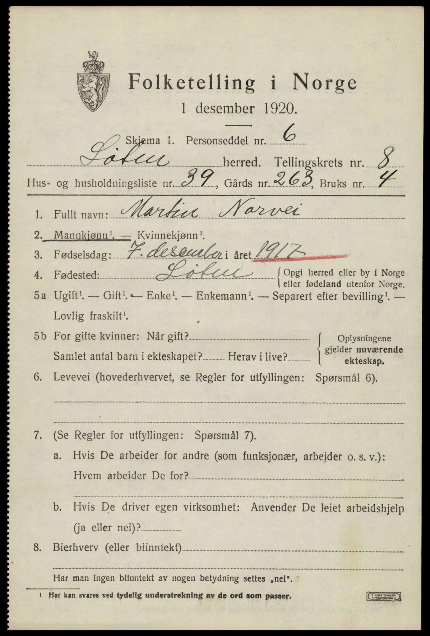 SAH, 1920 census for Løten, 1920, p. 14719