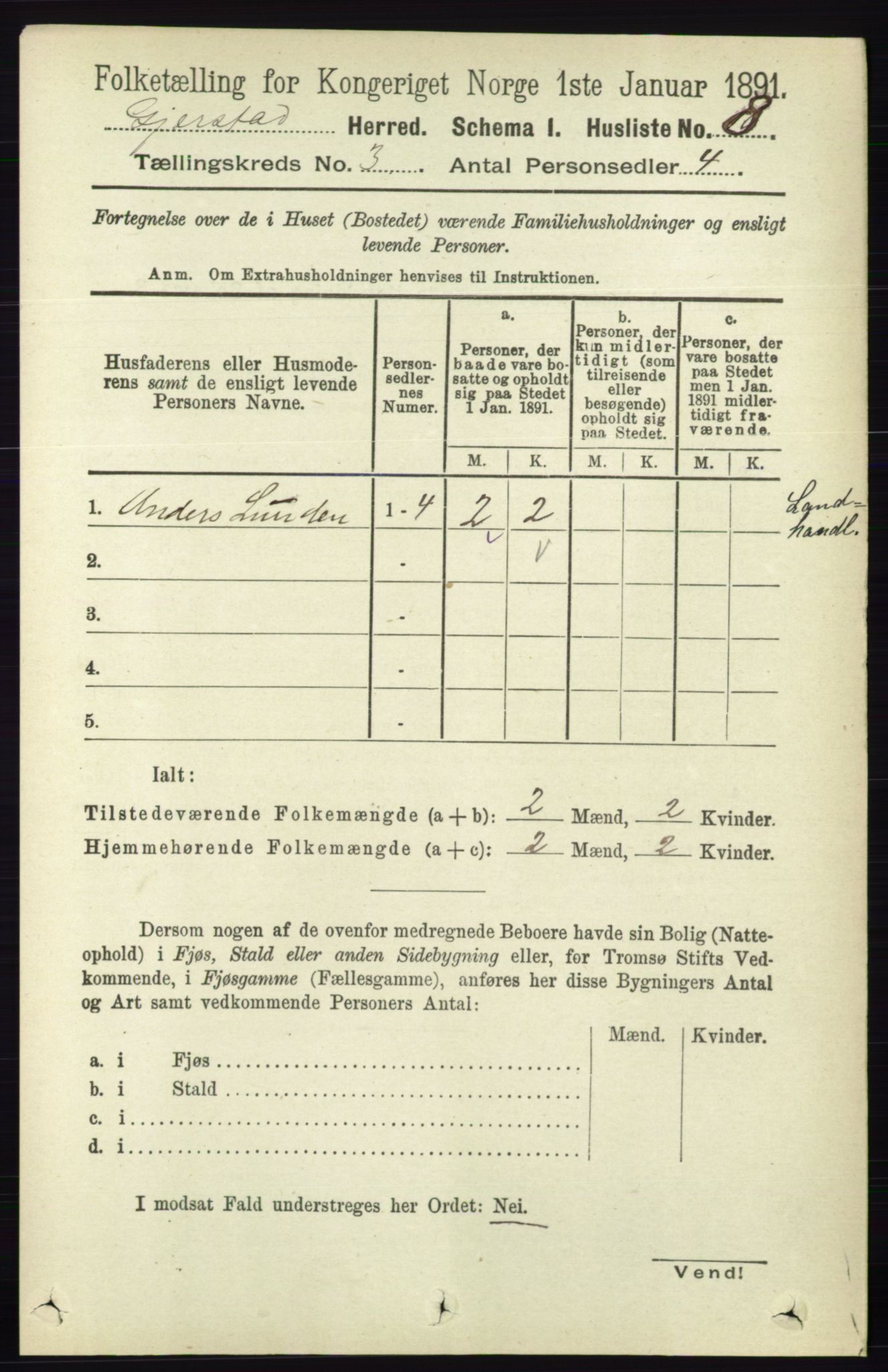 RA, 1891 census for 0911 Gjerstad, 1891, p. 1007