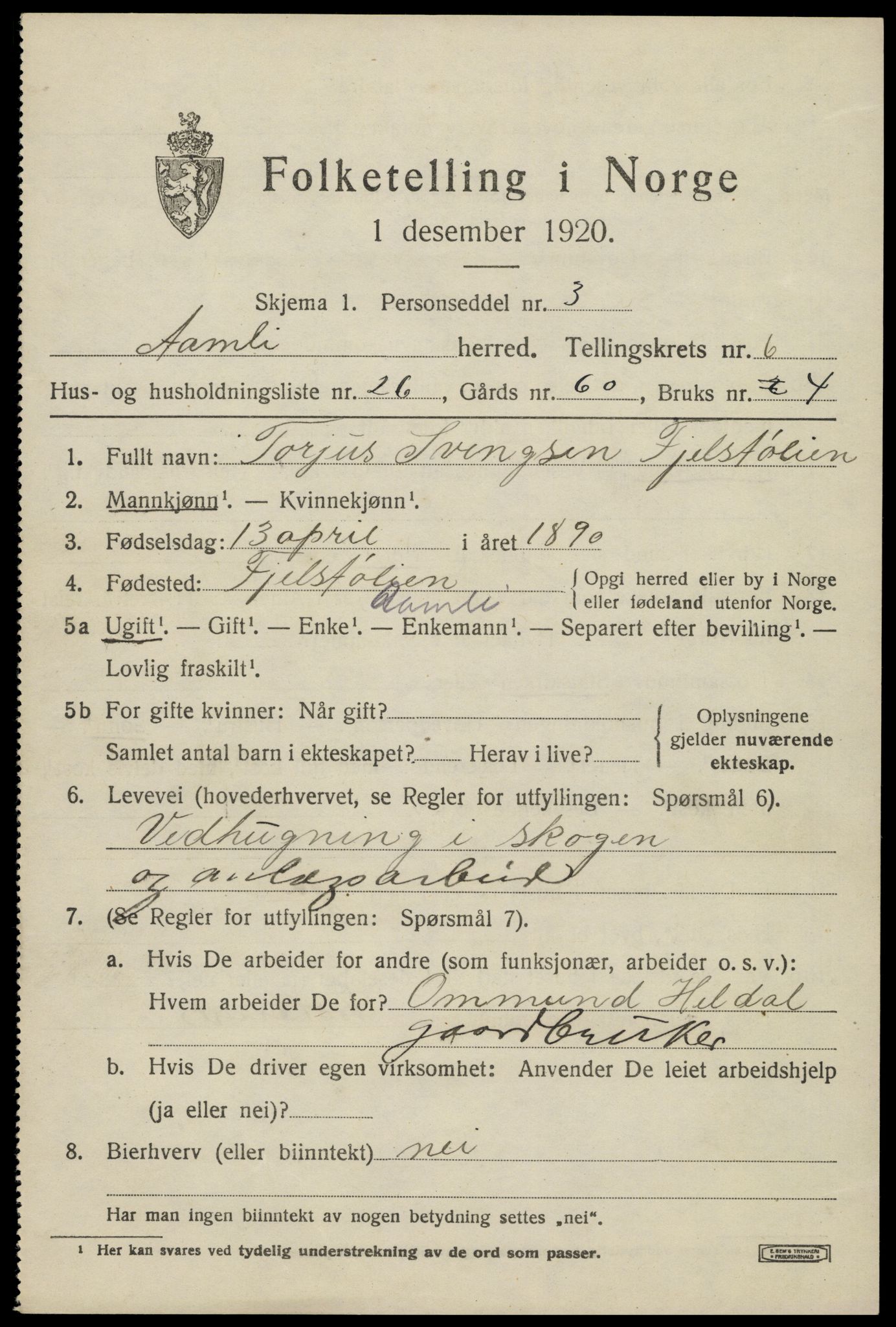 SAK, 1920 census for Åmli, 1920, p. 2905