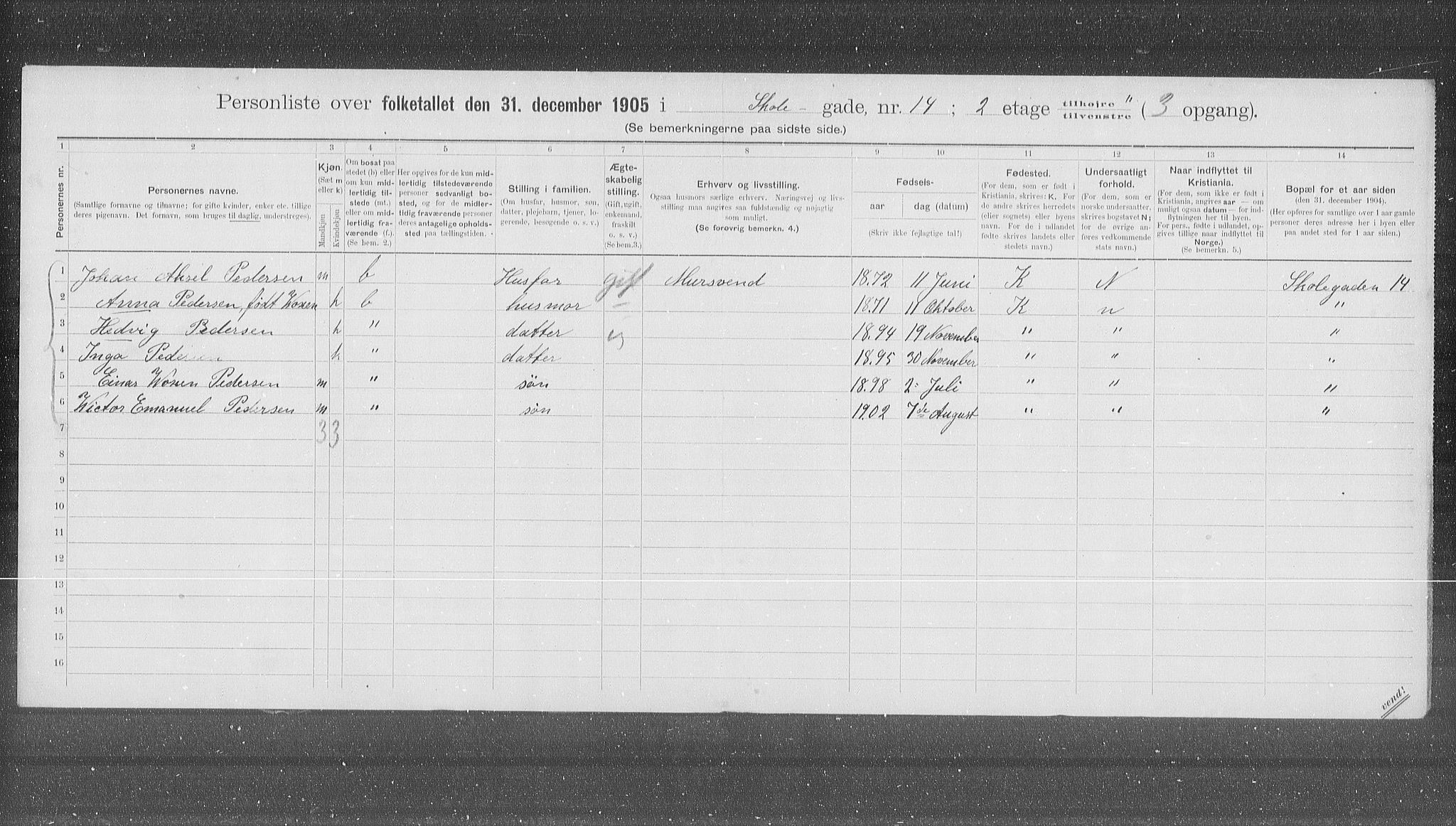 OBA, Municipal Census 1905 for Kristiania, 1905, p. 49990