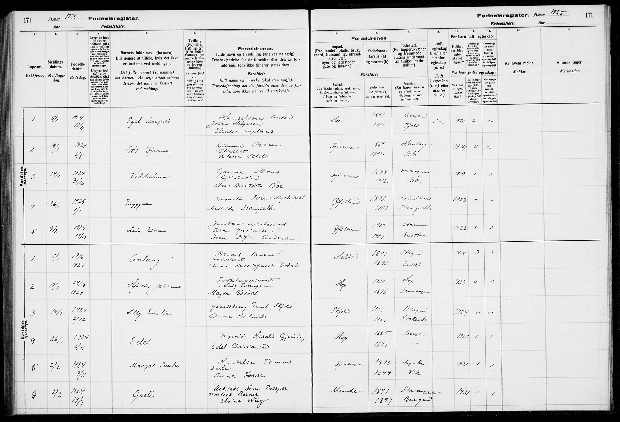 Birkeland Sokneprestembete, AV/SAB-A-74601/I/Id/L00A1: Birth register no. A 1, 1916-1926, p. 171