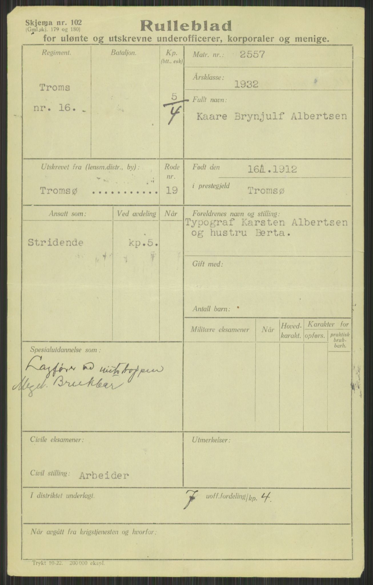 Forsvaret, Troms infanteriregiment nr. 16, AV/RA-RAFA-3146/P/Pa/L0016: Rulleblad for regimentets menige mannskaper, årsklasse 1932, 1932, p. 11