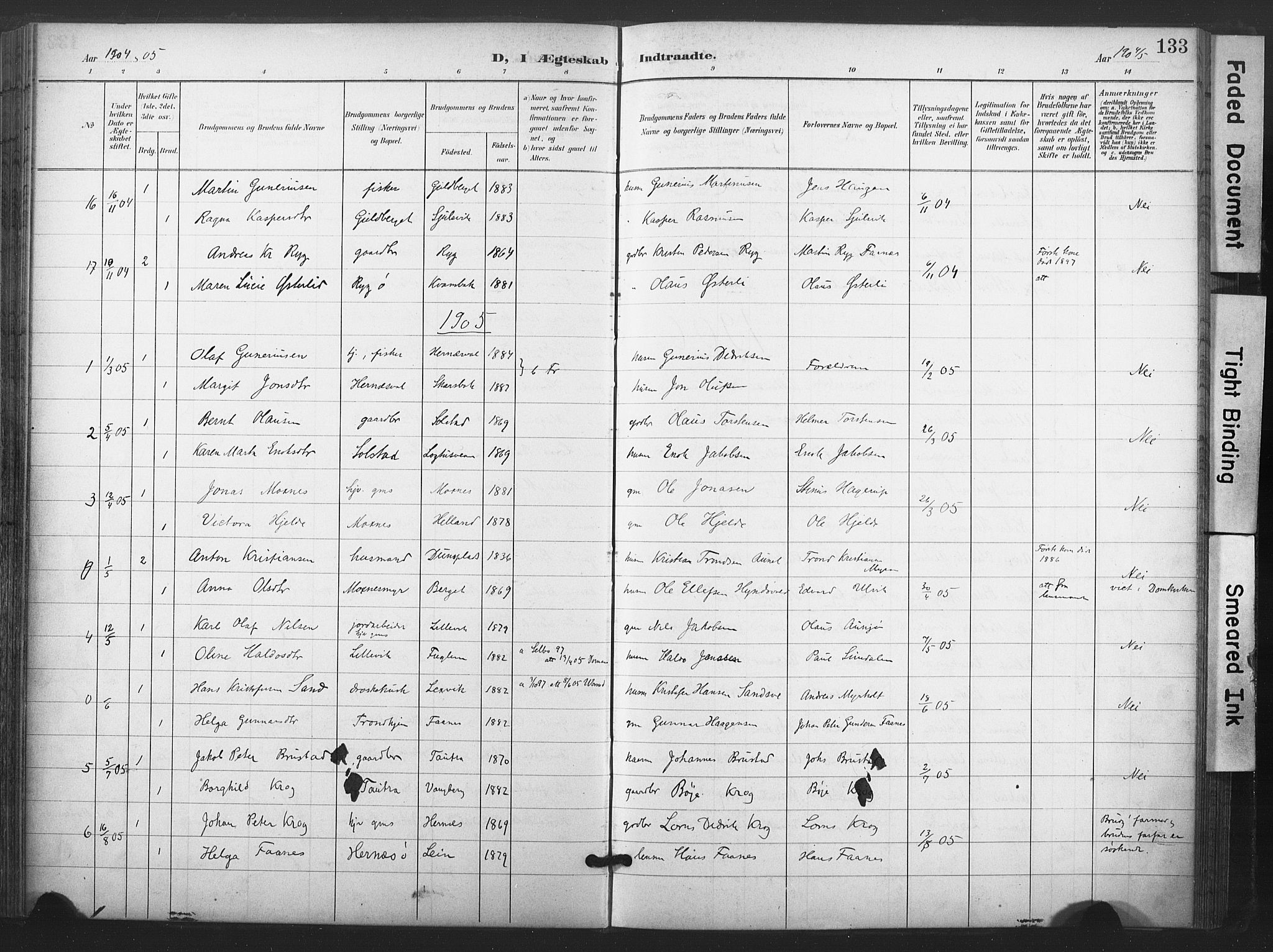 Ministerialprotokoller, klokkerbøker og fødselsregistre - Nord-Trøndelag, AV/SAT-A-1458/713/L0122: Parish register (official) no. 713A11, 1899-1910, p. 133