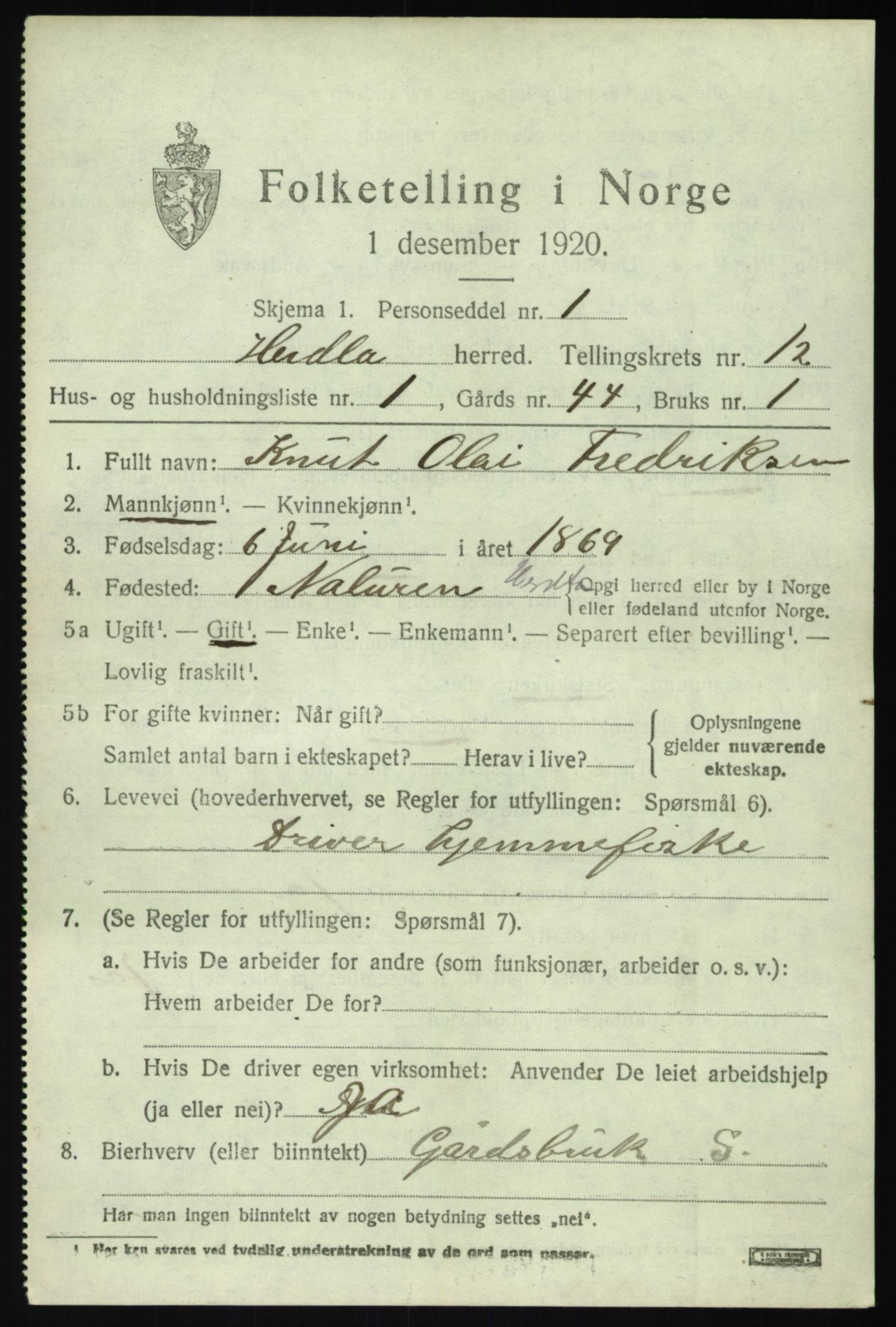 SAB, 1920 census for Herdla, 1920, p. 8335