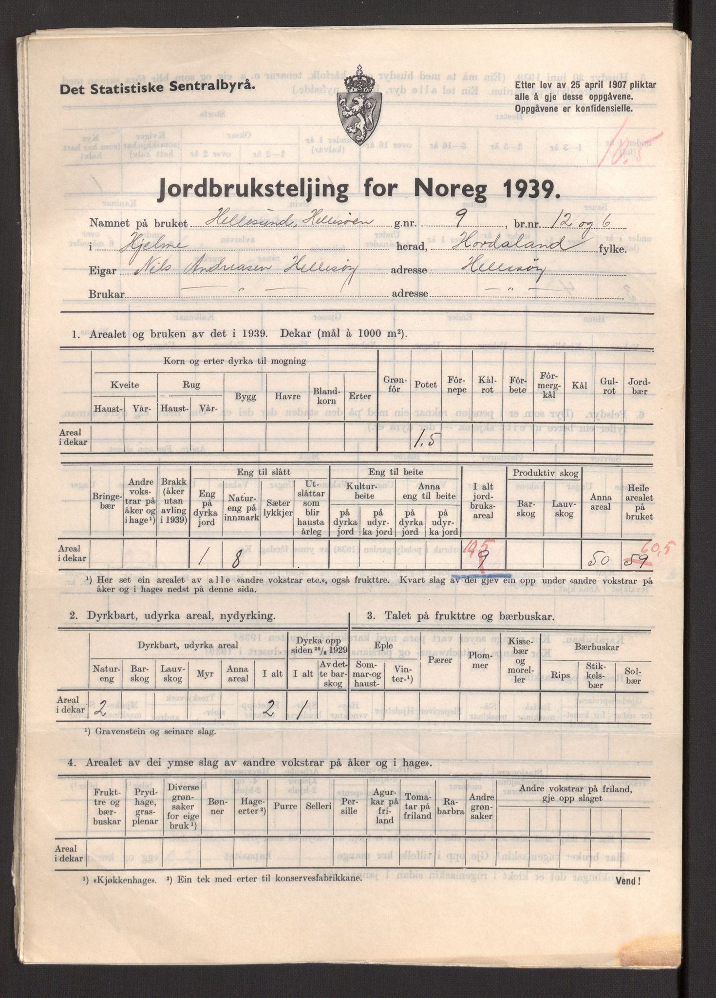 Statistisk sentralbyrå, Næringsøkonomiske emner, Jordbruk, skogbruk, jakt, fiske og fangst, AV/RA-S-2234/G/Gb/L0211: Hordaland: Herdla, Hjelme og Manger, 1939, p. 1265