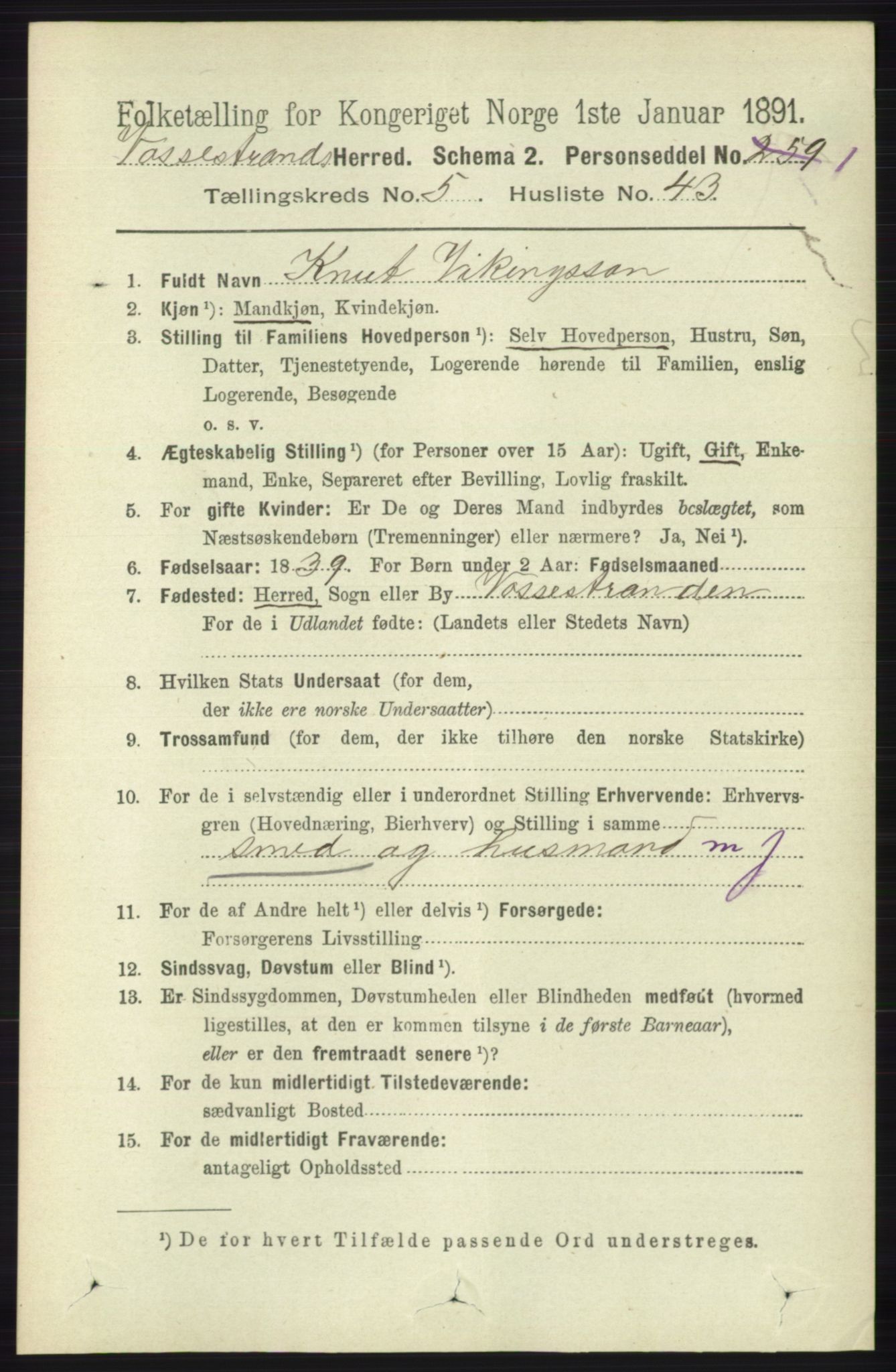 RA, 1891 census for 1236 Vossestrand, 1891, p. 2155