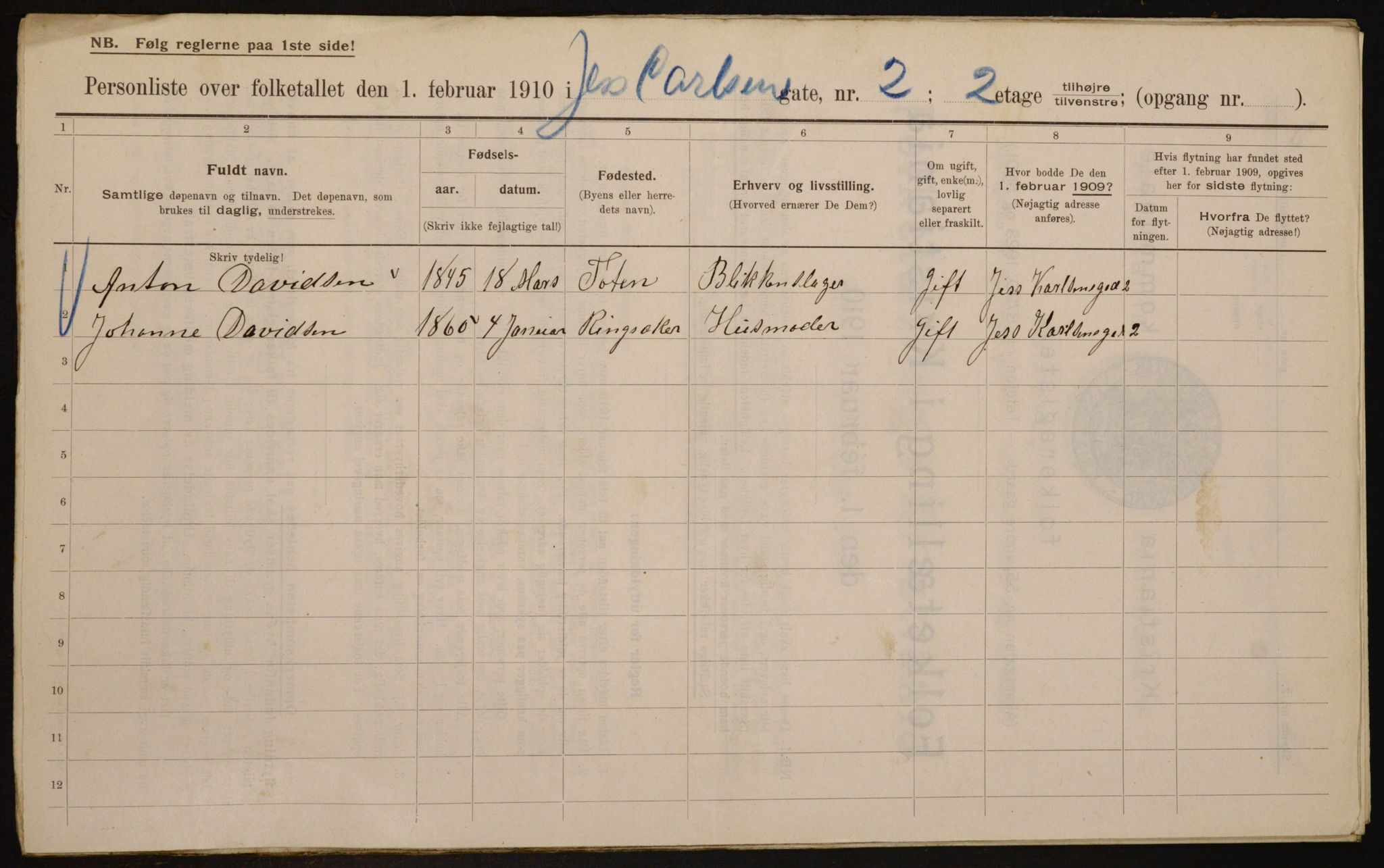 OBA, Municipal Census 1910 for Kristiania, 1910, p. 45656