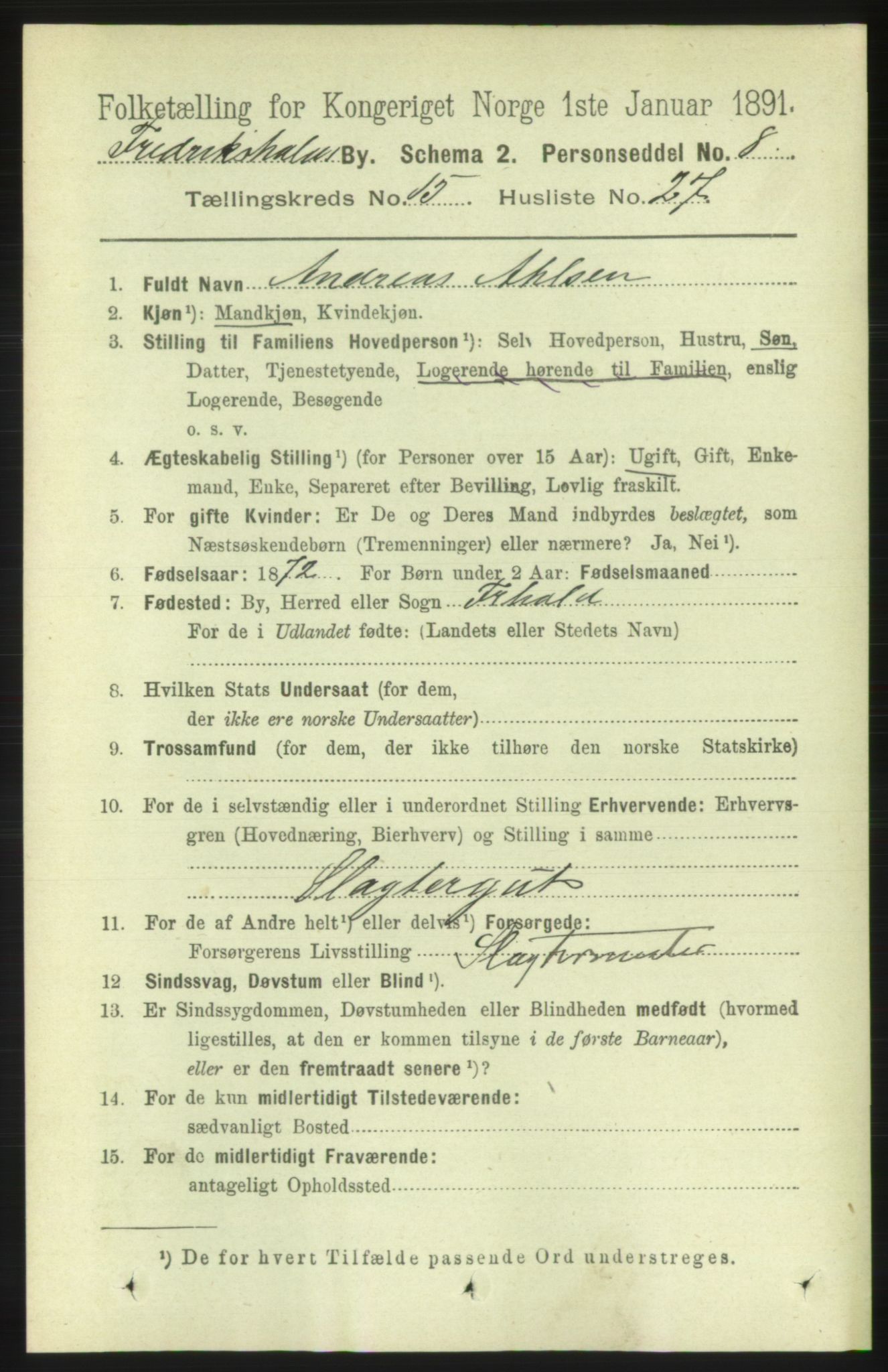 RA, 1891 census for 0101 Fredrikshald, 1891, p. 9722