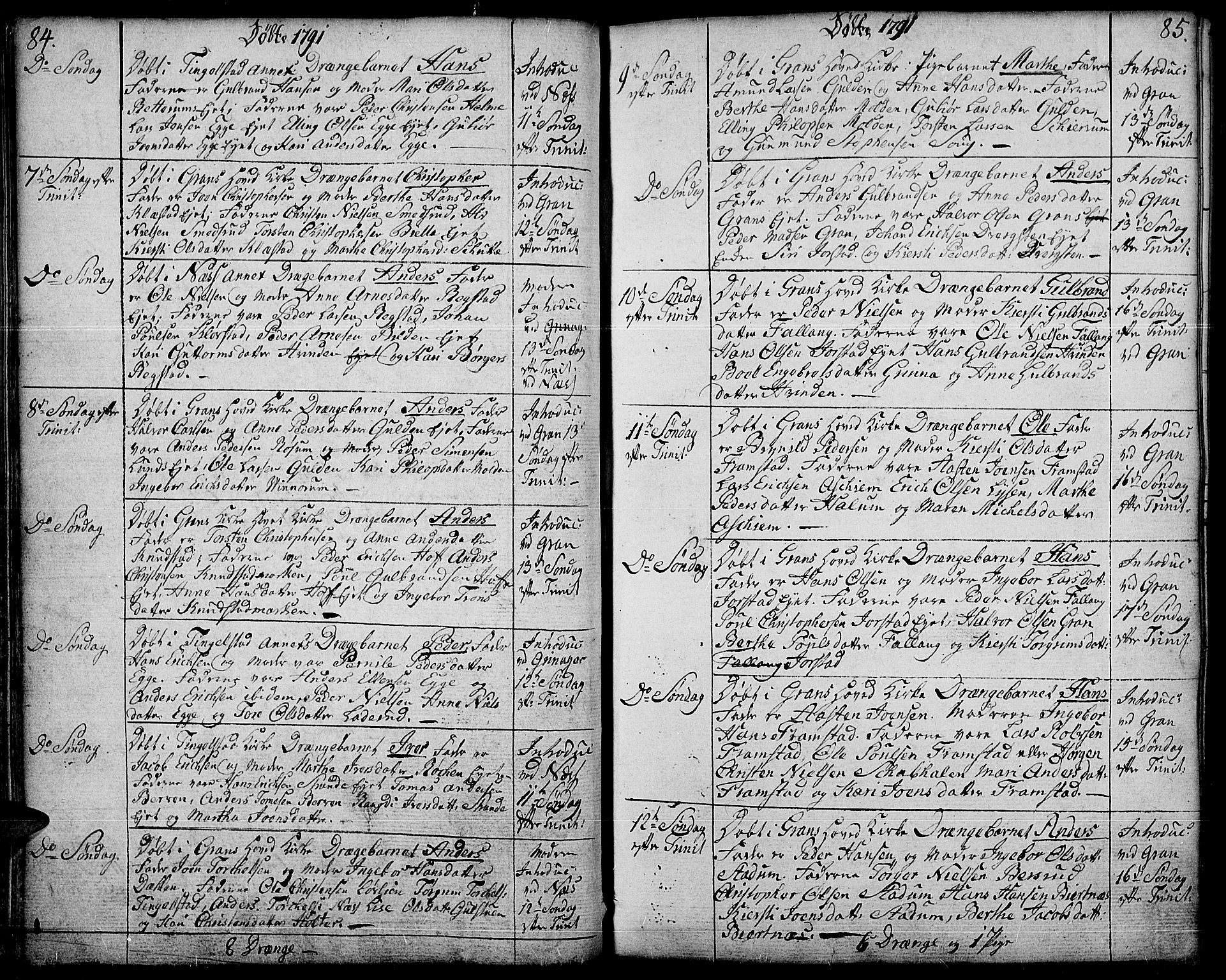 Gran prestekontor, AV/SAH-PREST-112/H/Ha/Haa/L0006: Parish register (official) no. 6, 1787-1824, p. 84-85