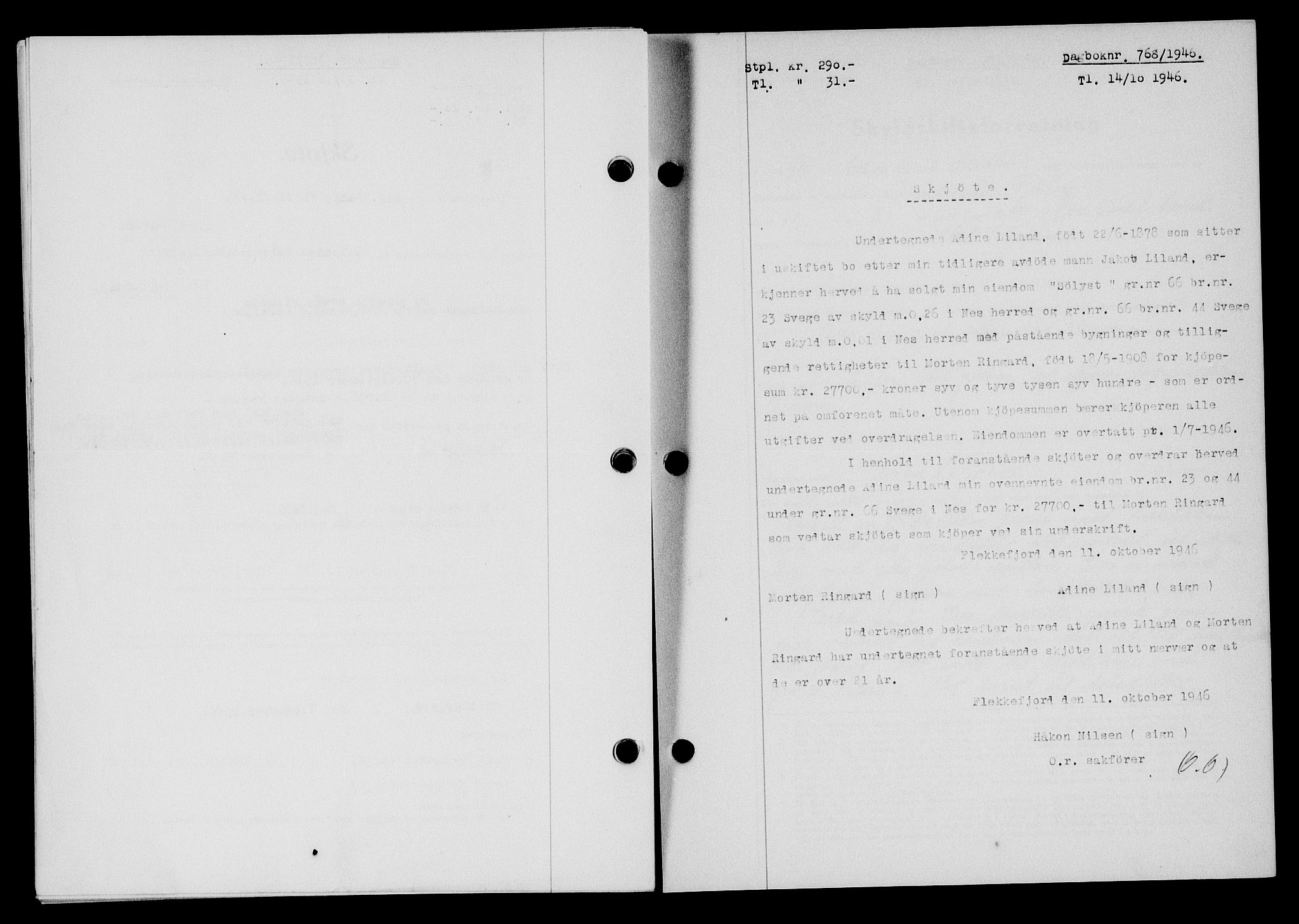 Flekkefjord sorenskriveri, SAK/1221-0001/G/Gb/Gba/L0061: Mortgage book no. A-9, 1946-1947, Diary no: : 768/1946