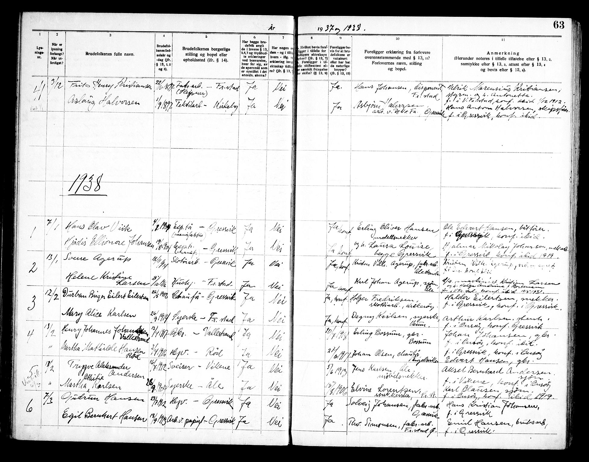 Onsøy prestekontor Kirkebøker, SAO/A-10914/H/Hb/L0001: Banns register no. II 1, 1919-1949, p. 63