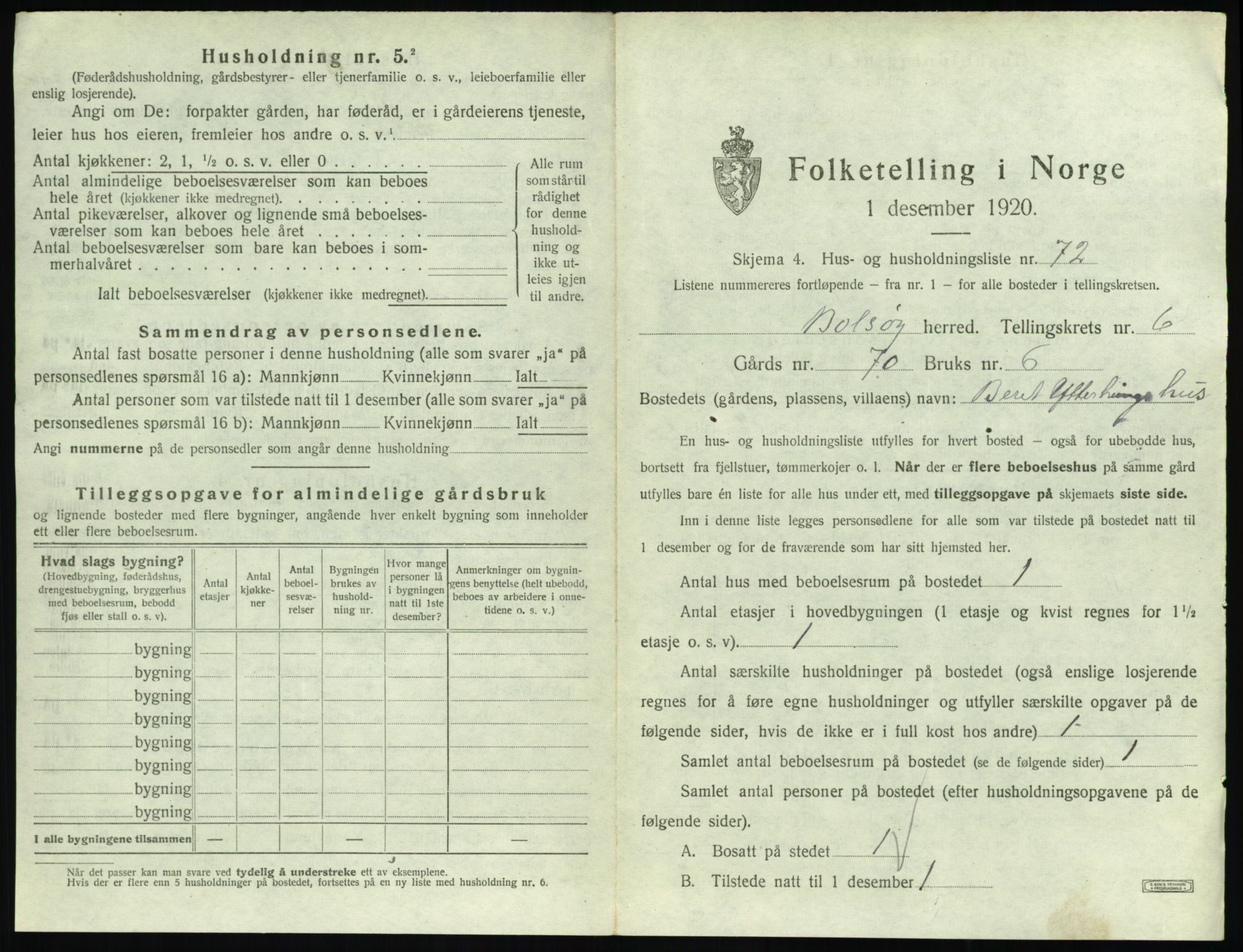 SAT, 1920 census for Bolsøy, 1920, p. 1185