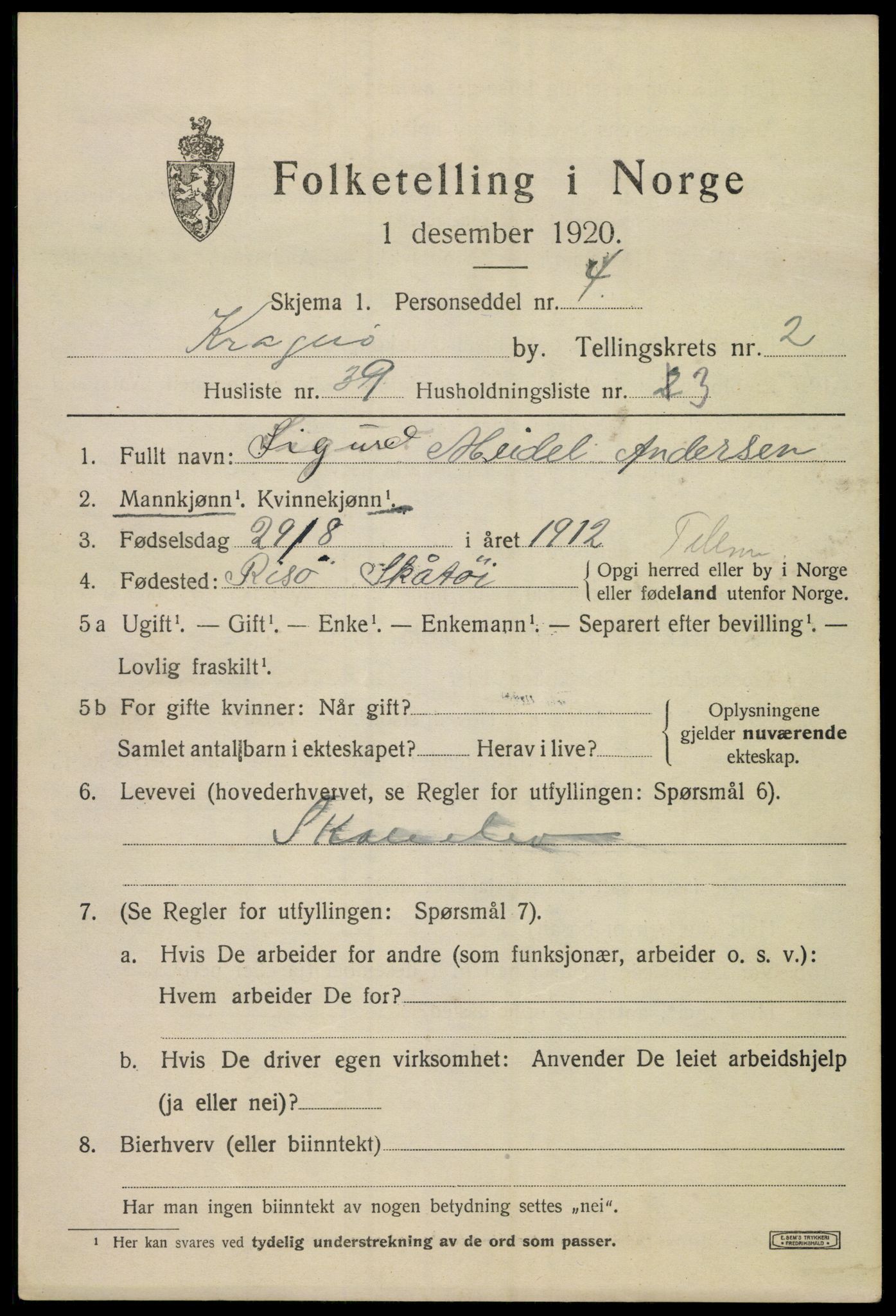 SAKO, 1920 census for Kragerø, 1920, p. 5835