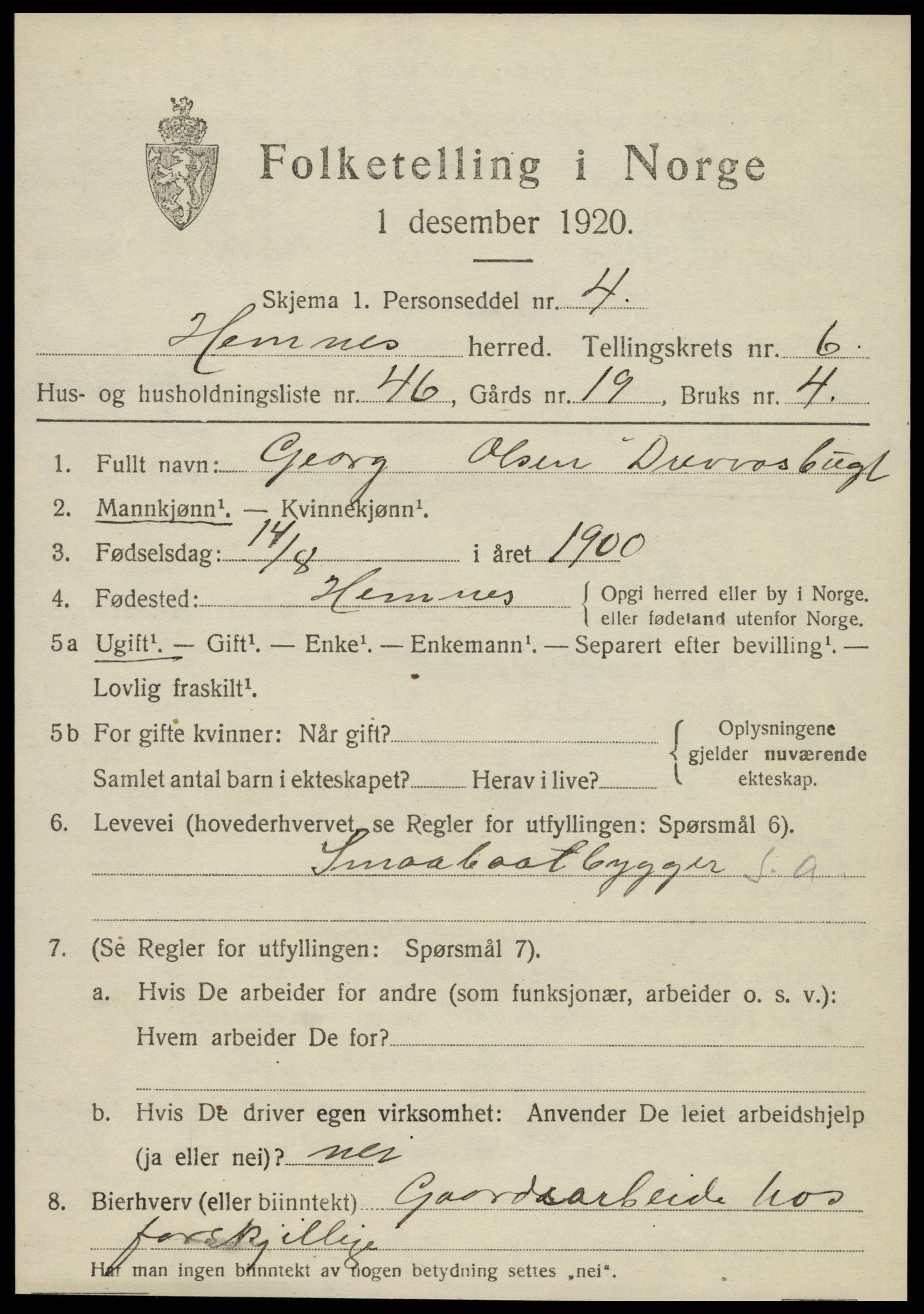 SAT, 1920 census for Hemnes, 1920, p. 6916