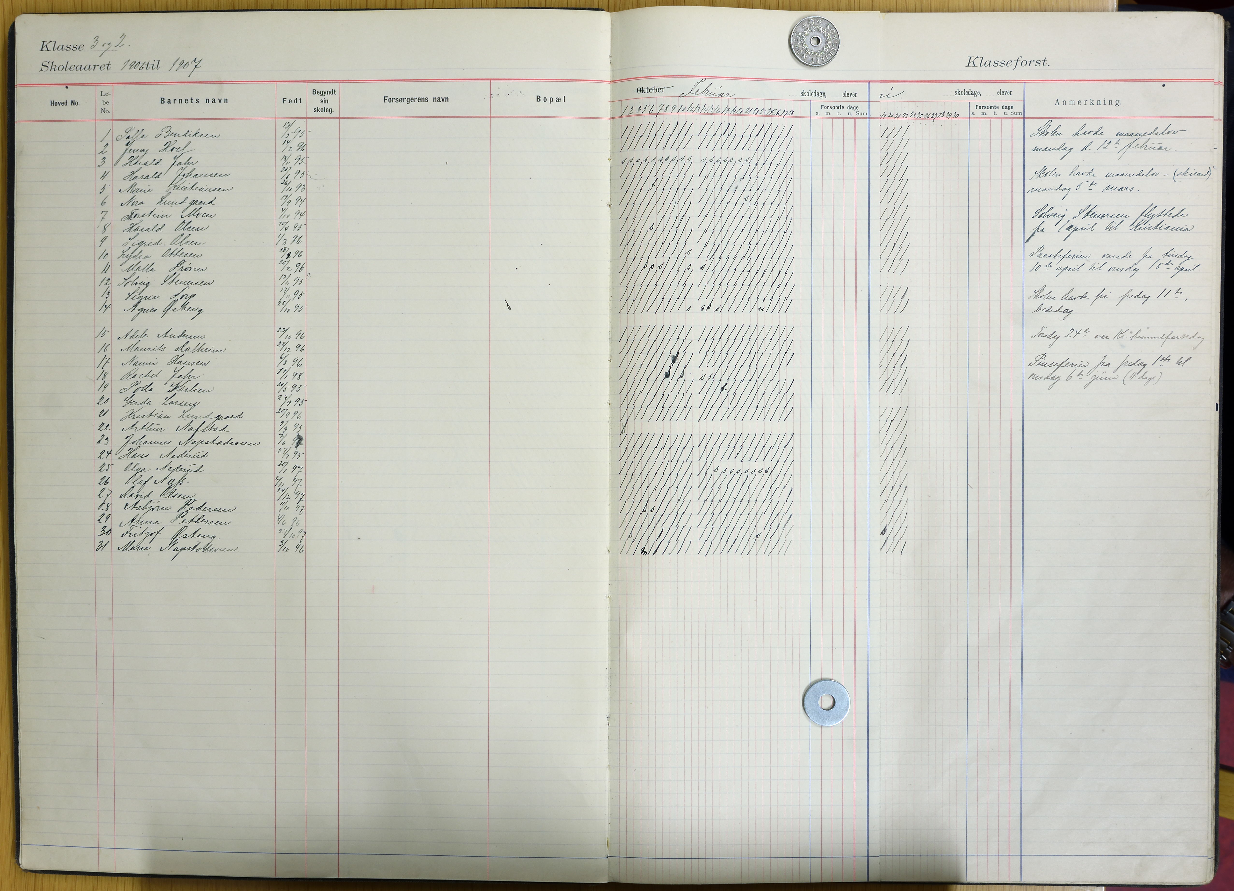 Vestre Toten kommunearkiv*, KVT/-/-/-: Elevprotokoll for Raufoss skole, 2.-3. klasse, 1905-1910