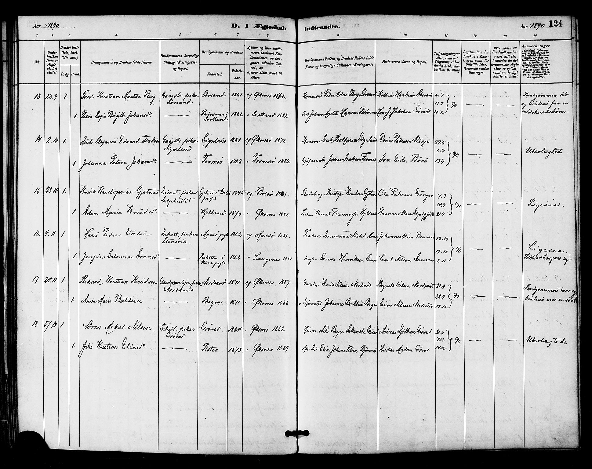 Ministerialprotokoller, klokkerbøker og fødselsregistre - Nordland, AV/SAT-A-1459/893/L1337: Parish register (official) no. 893A09, 1885-1893, p. 124