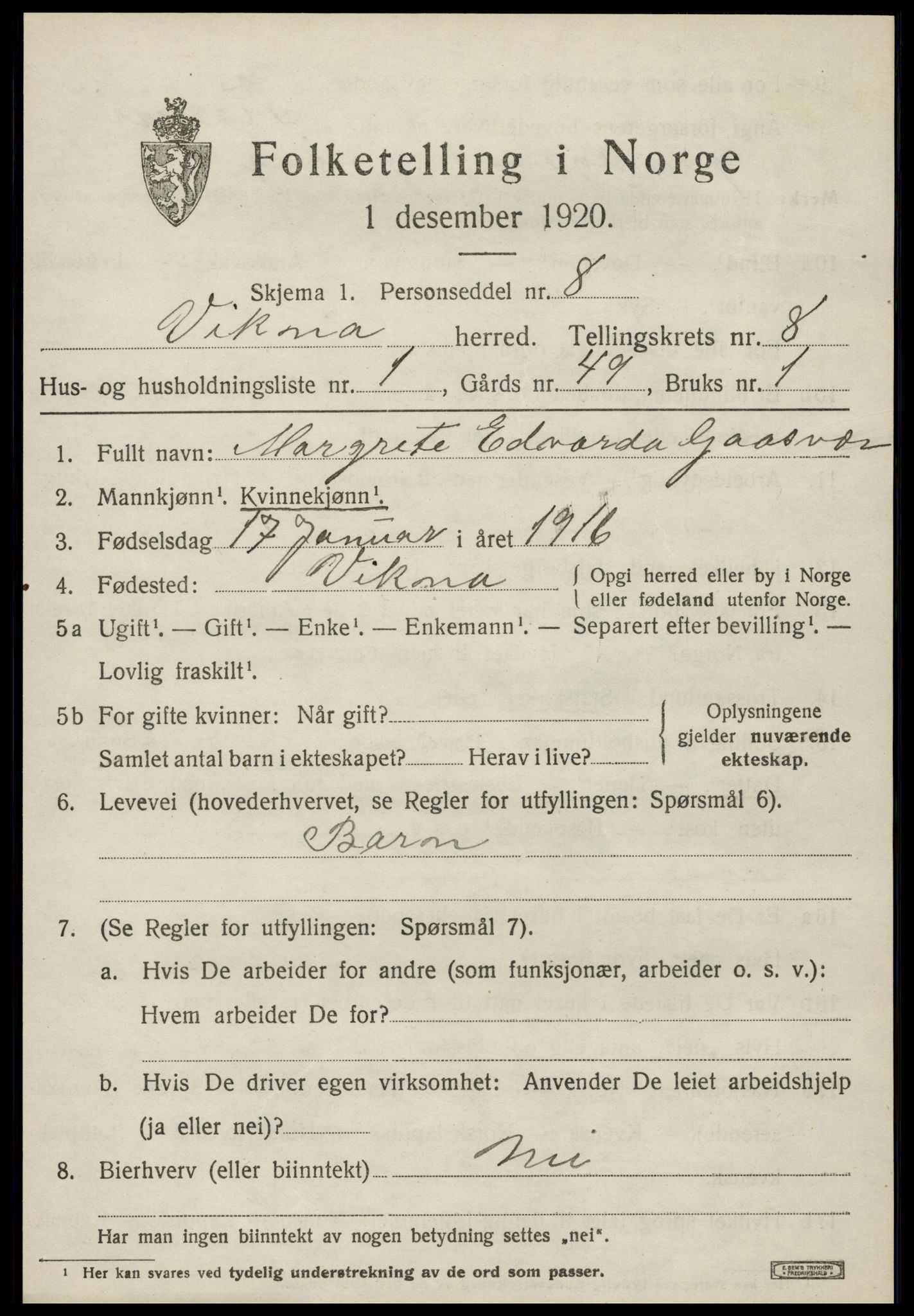 SAT, 1920 census for Vikna, 1920, p. 6001