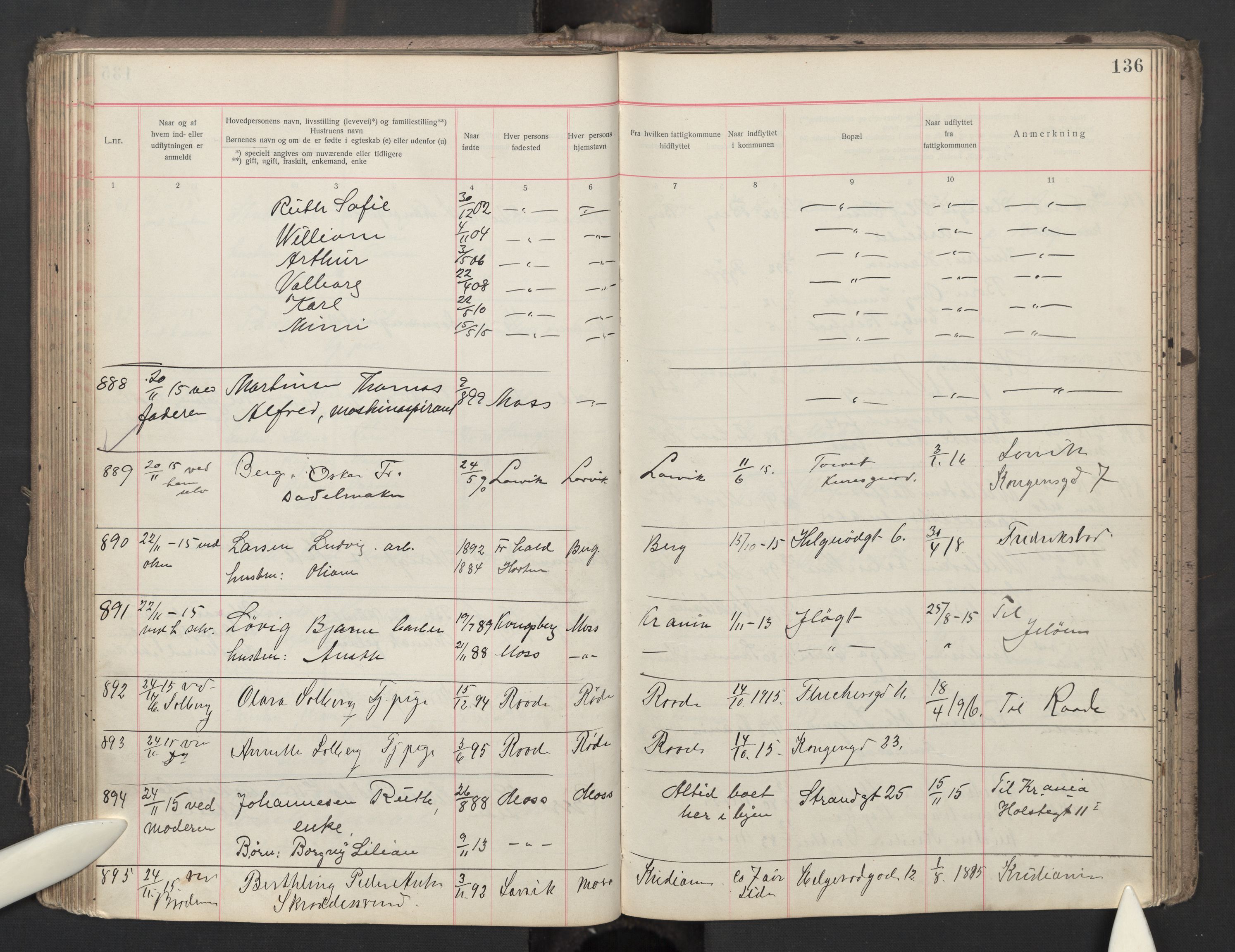 Moss folkeregister, AV/SAO-A-10020/J/L0003: Inn- og utflyttede i Moss fattigkommune, 1913-1917, p. 136