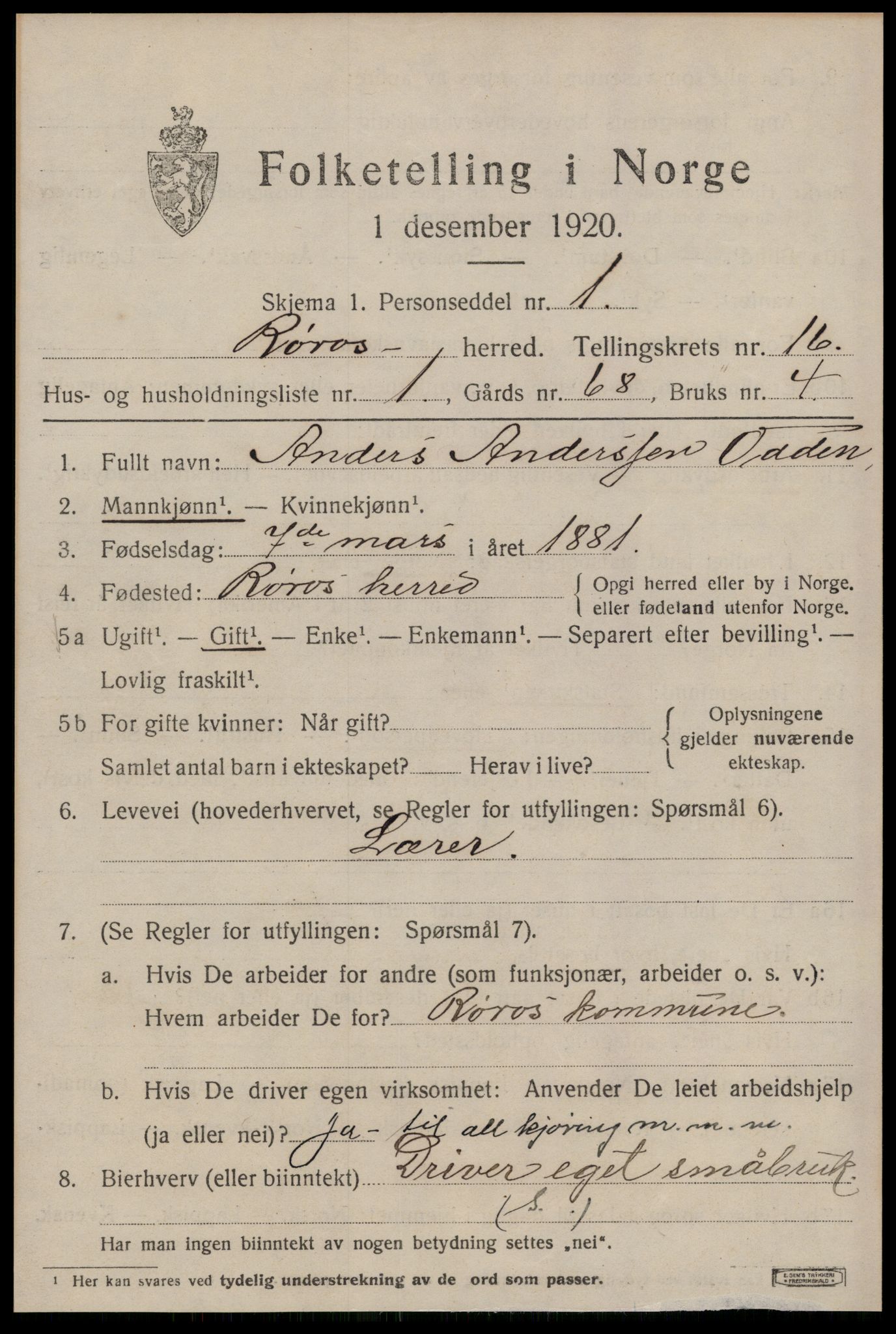 SAT, 1920 census for Røros, 1920, p. 10918