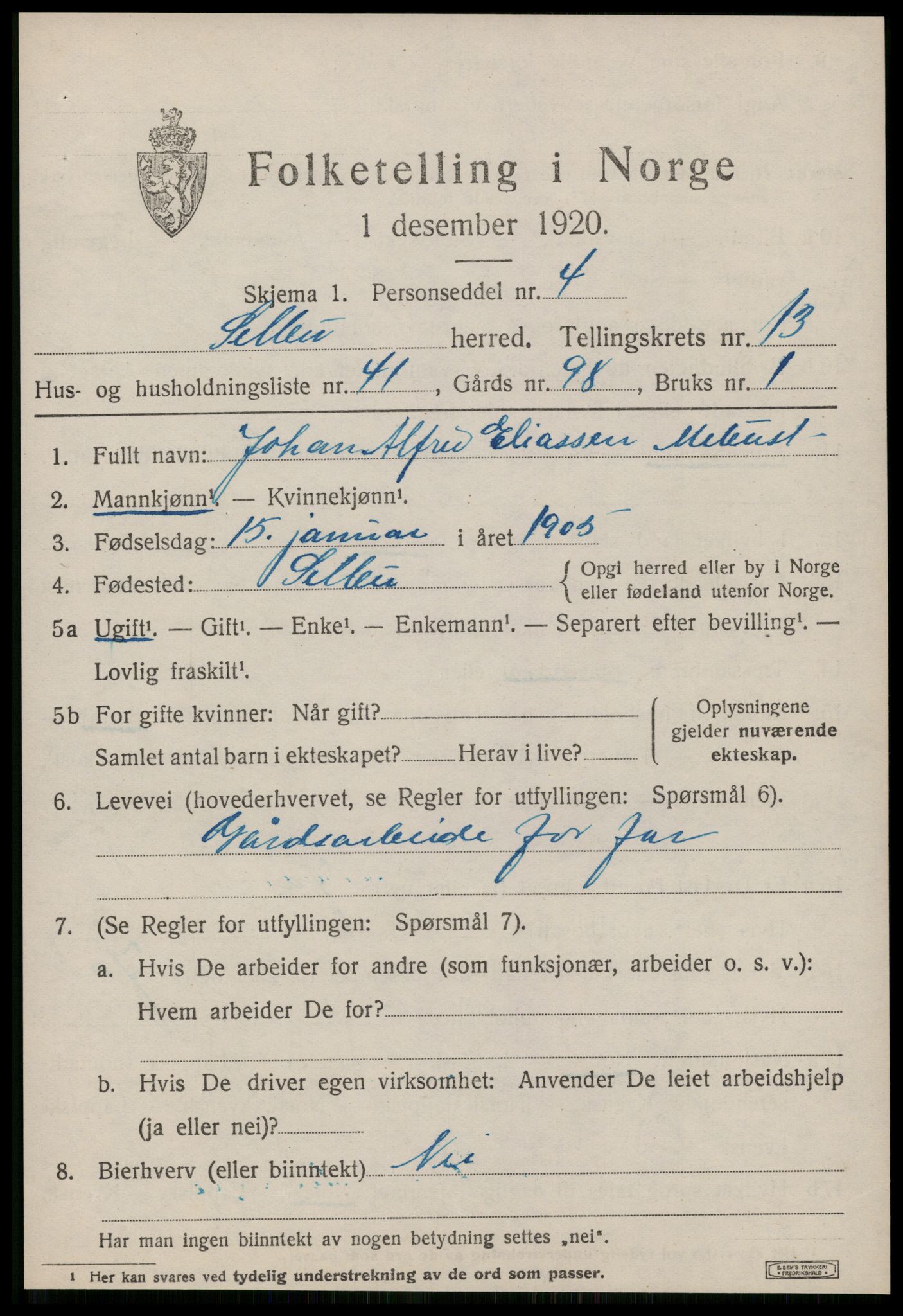 SAT, 1920 census for Selbu, 1920, p. 7442