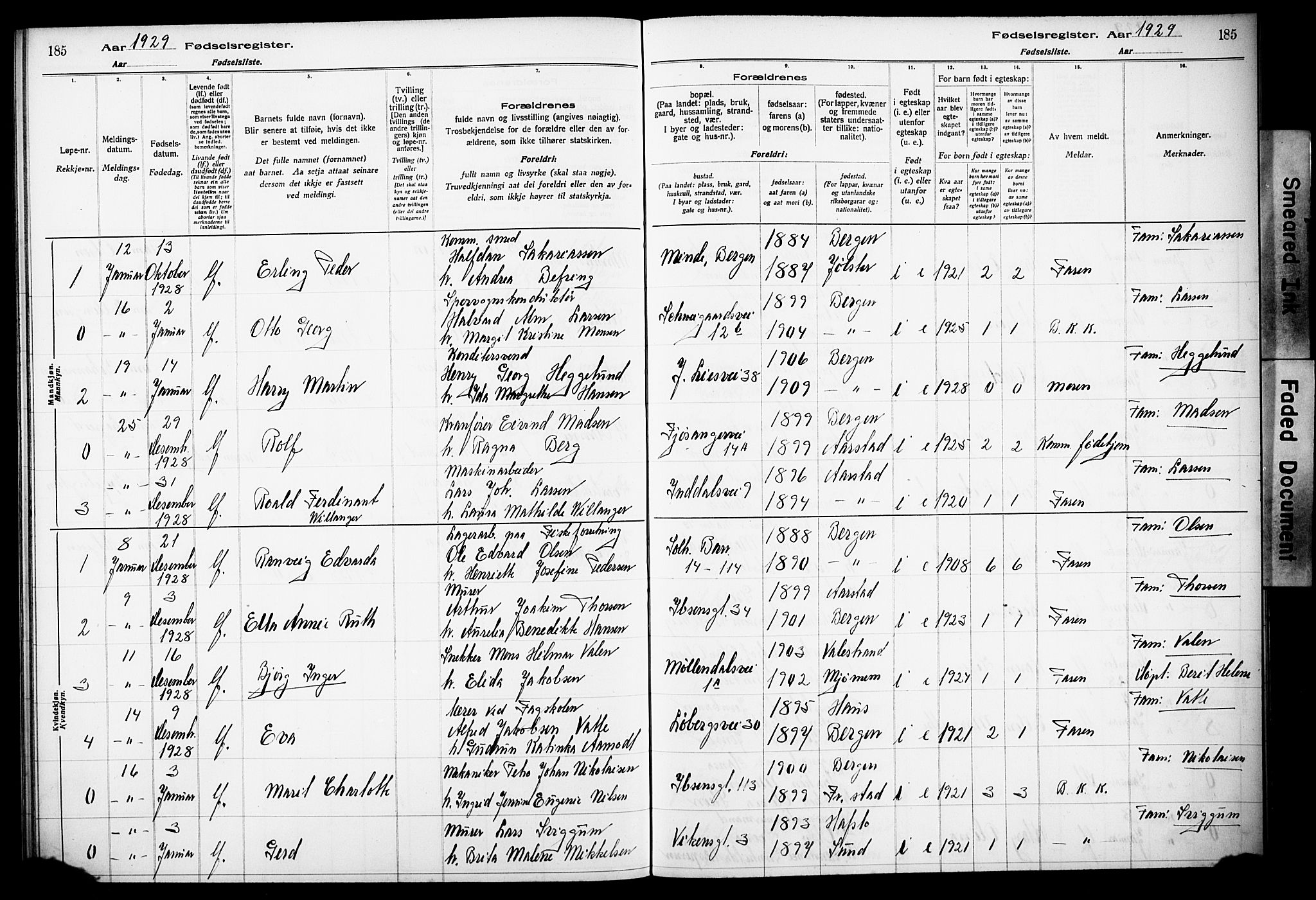 Årstad Sokneprestembete, AV/SAB-A-79301/I/Id/L0A03: Birth register no. A 3, 1924-1929, p. 185