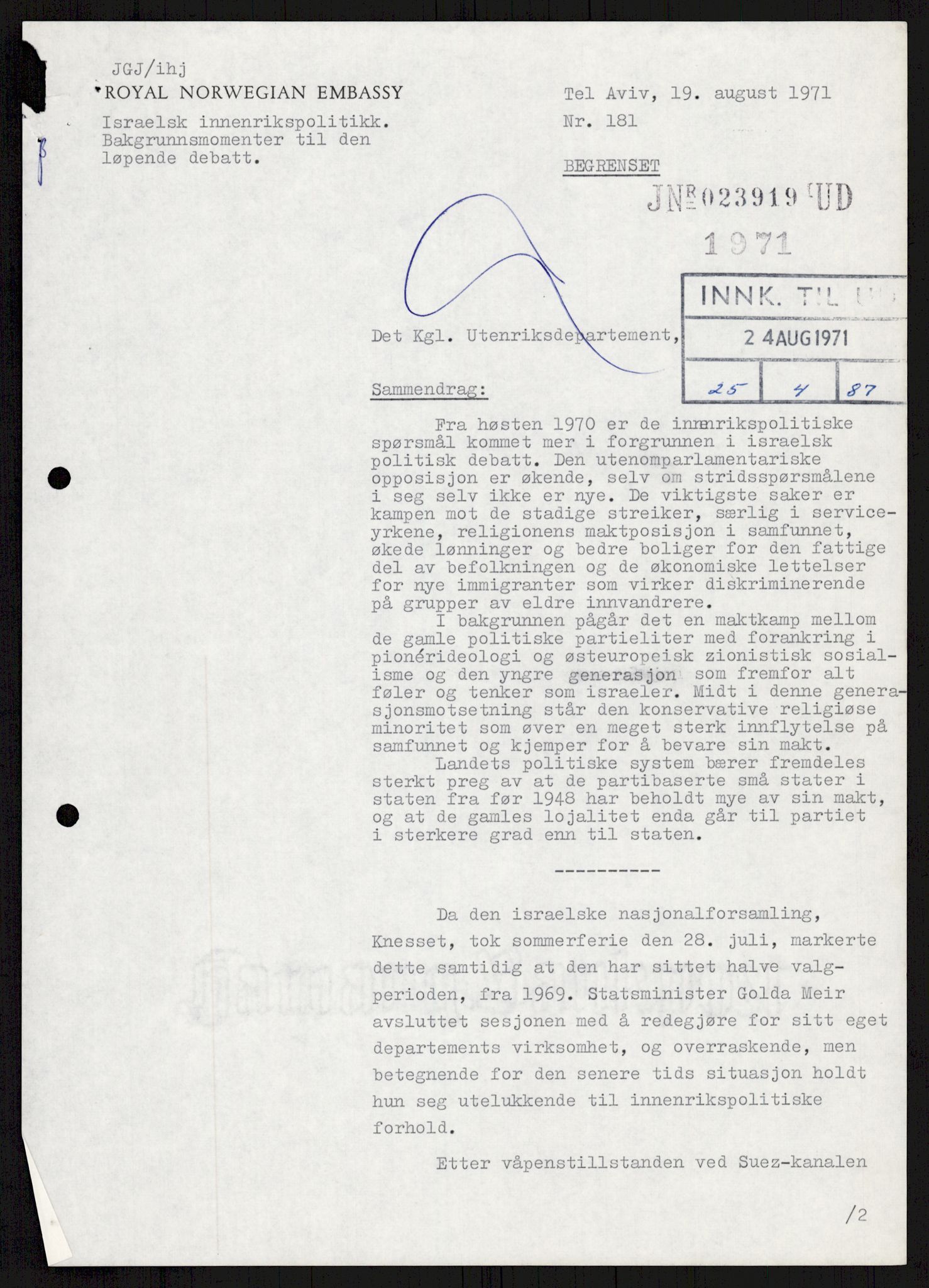 Utenriksdepartementet, hovedarkiv, AV/RA-S-6794/D/Db/Dba/L0776/0003: Verdenspolitikk. Fremmede staters politikk (G.L.) / Israel: Politikk (2 mapper), 1970-1972, p. 40