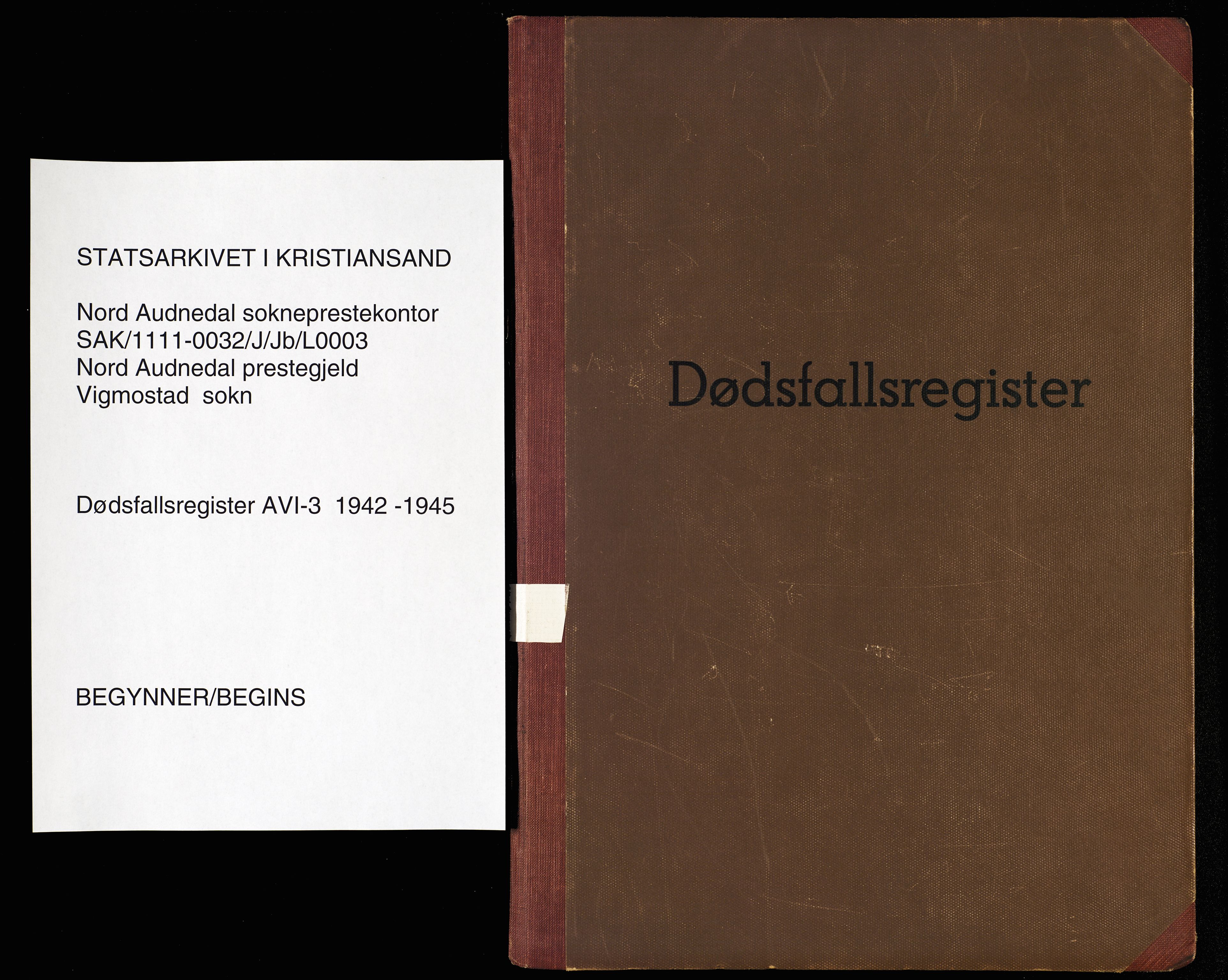 Nord-Audnedal sokneprestkontor, AV/SAK-1111-0032/J/Jb/L0003: A-VI-3 - Dødsfallsregister Vigmostad, 1943-1945