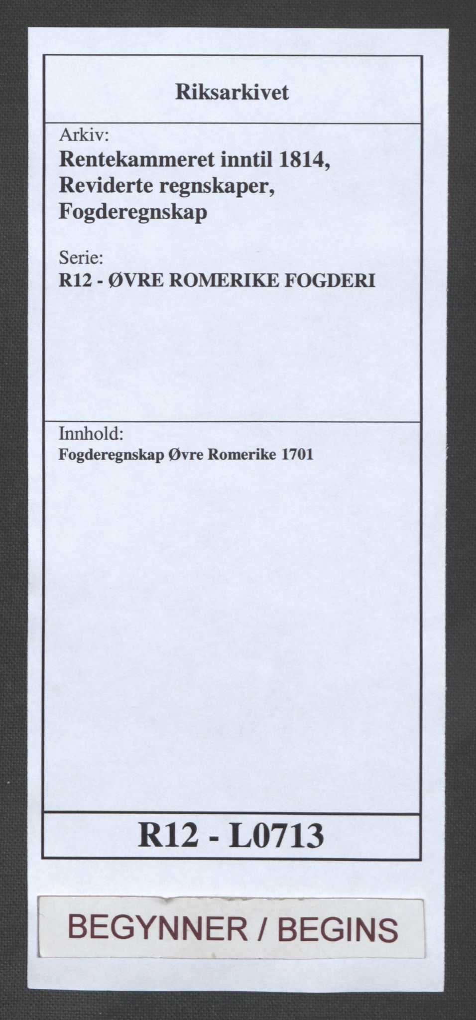 Rentekammeret inntil 1814, Reviderte regnskaper, Fogderegnskap, AV/RA-EA-4092/R12/L0713: Fogderegnskap Øvre Romerike, 1701, p. 1