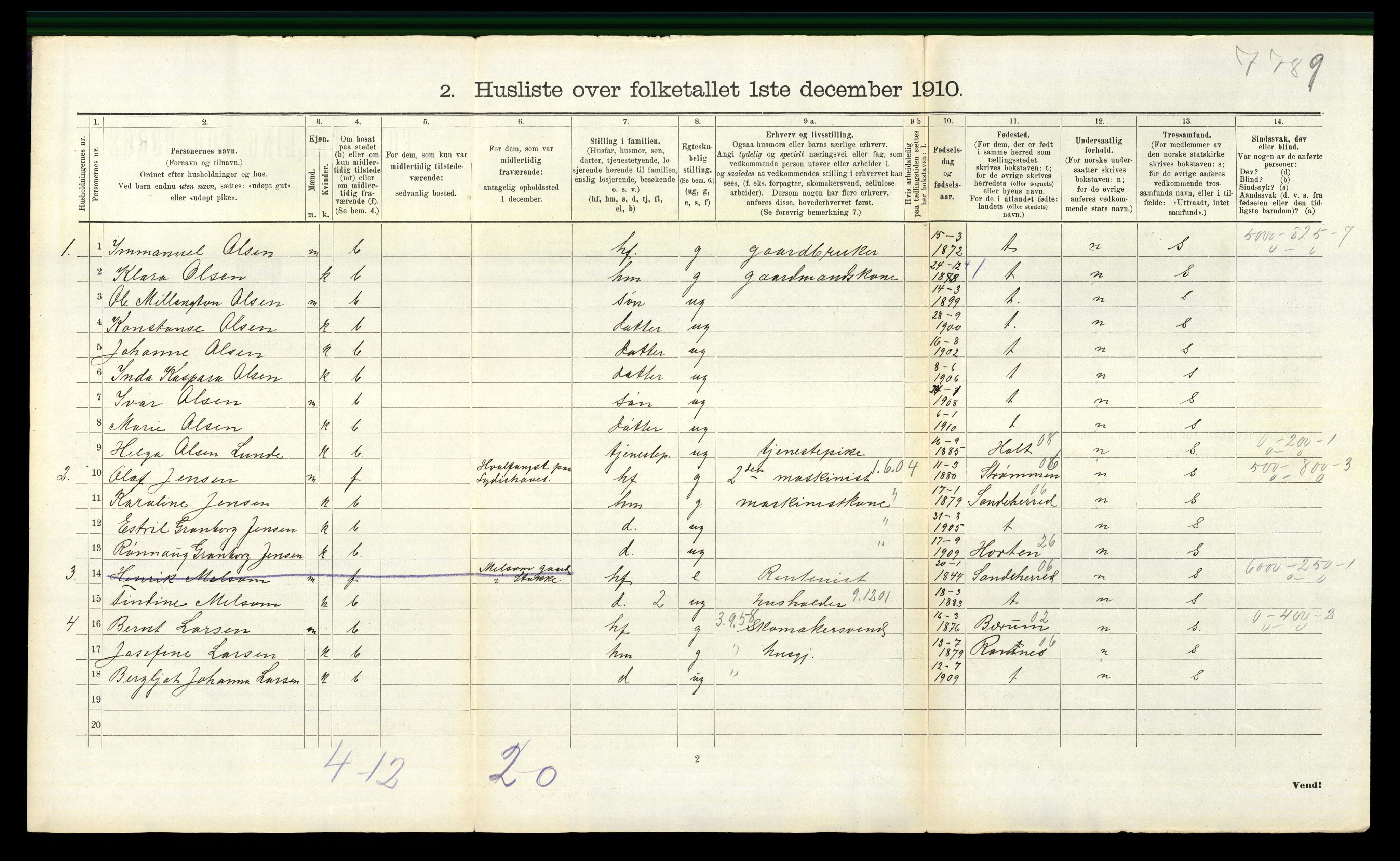 RA, 1910 census for Stokke, 1910, p. 319