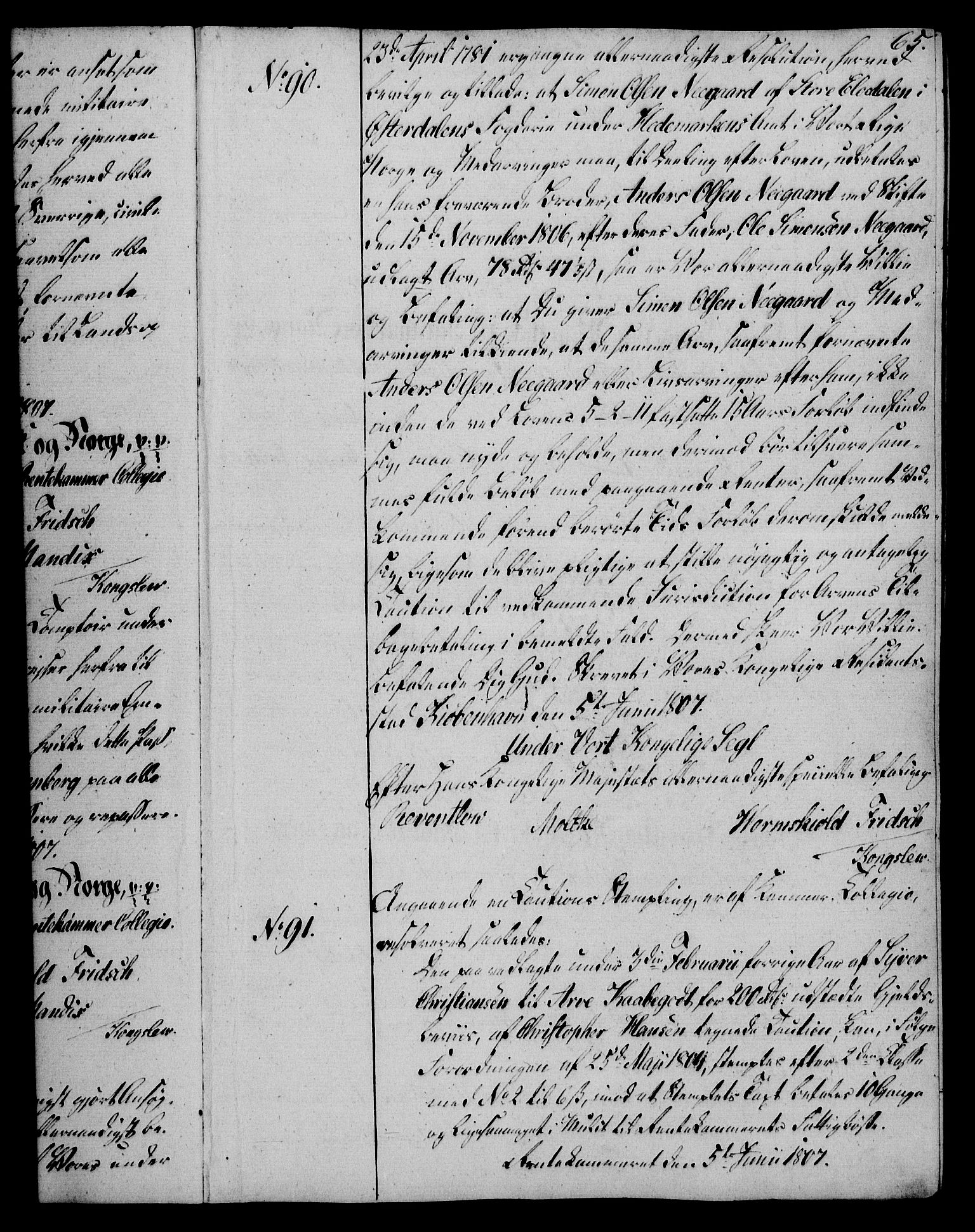 Rentekammeret, Kammerkanselliet, AV/RA-EA-3111/G/Gg/Gga/L0019: Norsk ekspedisjonsprotokoll med register (merket RK 53.19), 1807-1810, p. 65