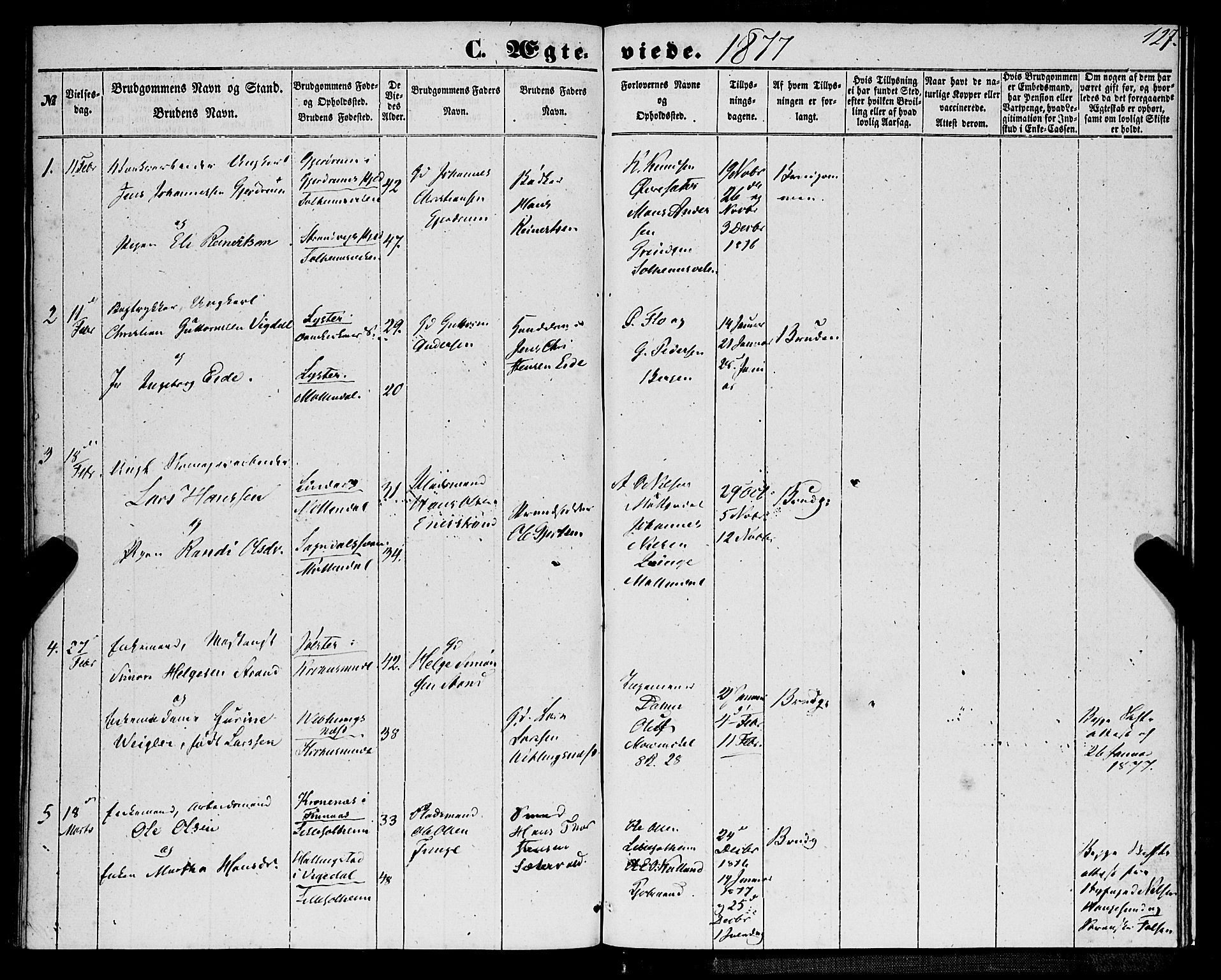 St. Jørgens hospital og Årstad sokneprestembete, SAB/A-99934: Parish register (official) no. A 9, 1853-1878, p. 127