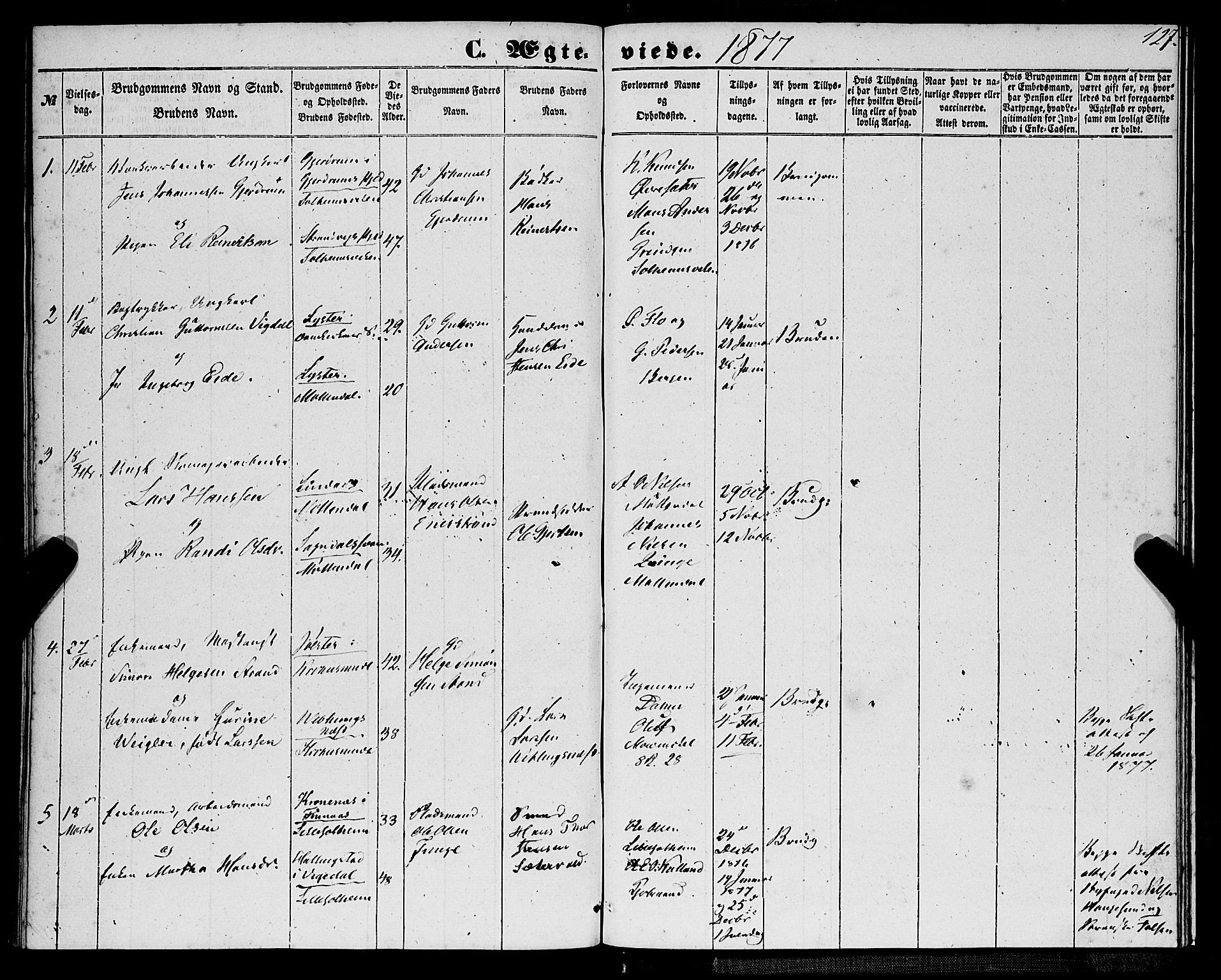 St. Jørgens hospital og Årstad sokneprestembete, AV/SAB-A-99934: Parish register (official) no. A 9, 1853-1878, p. 127